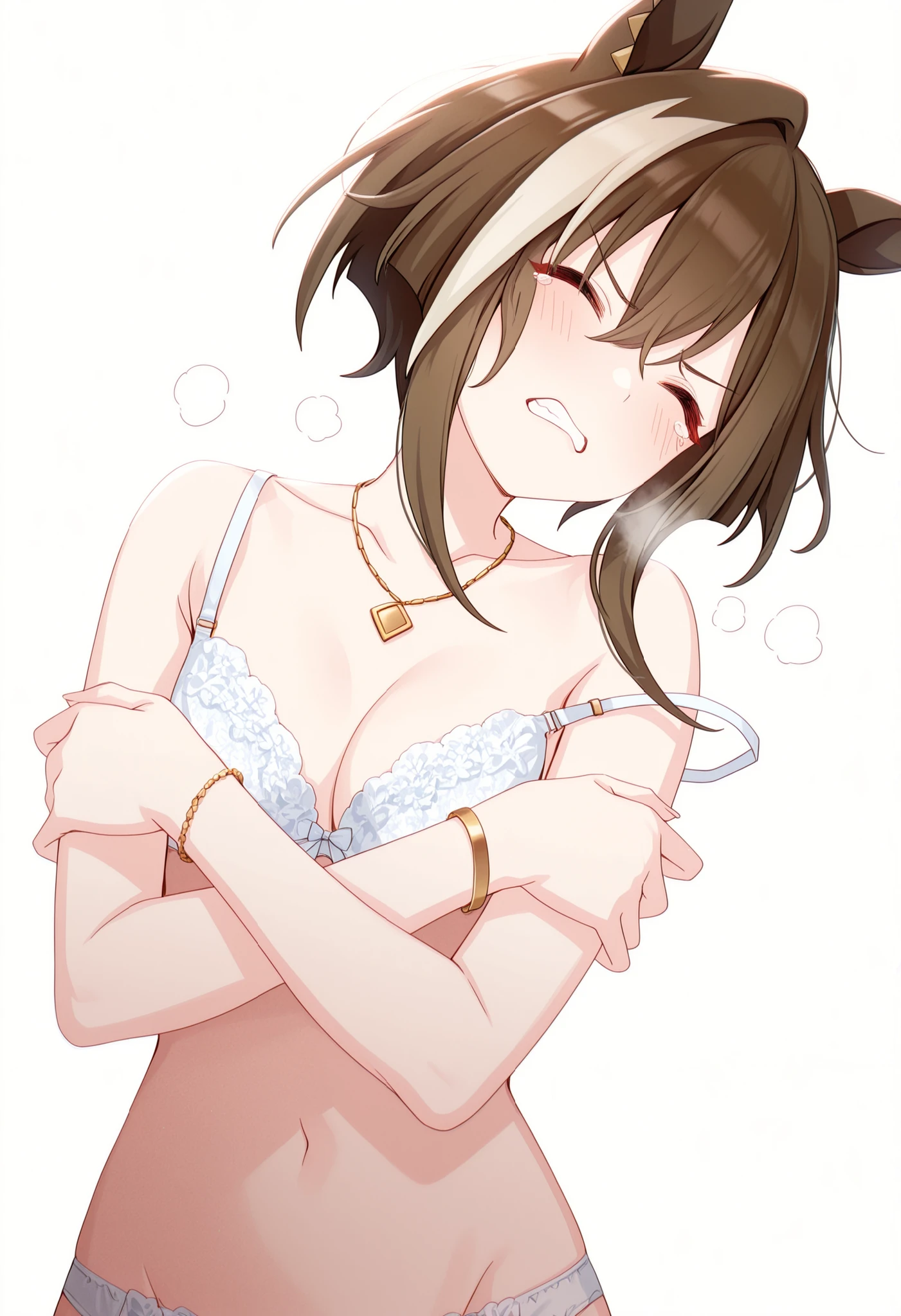 masterpiece, , absurdres, highres, detailed background, high resolution, masterpiece, necessary, detail, best quality, quality, necessary, details, High details, Precise, , (white background, simple background) , sunlight, ((dutch angle)), from above,
                                                                                                                                                                                                                         1girl, , umamusume style, tomari style, solo, <lora:XL-Tomari-veryberry00-ILXL:1>, (),(head tilt),on back,earing,(((wince, , angry))), heavy breath, ,
   
tall girl, Cheval Grand \(umamusume\), (slim body, slim arms),(closed-eyes, tears), brown hair, short hair, tsurime, (covering , hold own arms, cleavage), (white bra, panties), , light embarrassed, jewelry, necklace, bracelet, navel,
(bra strap slip), , ,(small ),  looking at viewer, ,  (pale skin), half-closed eyes,