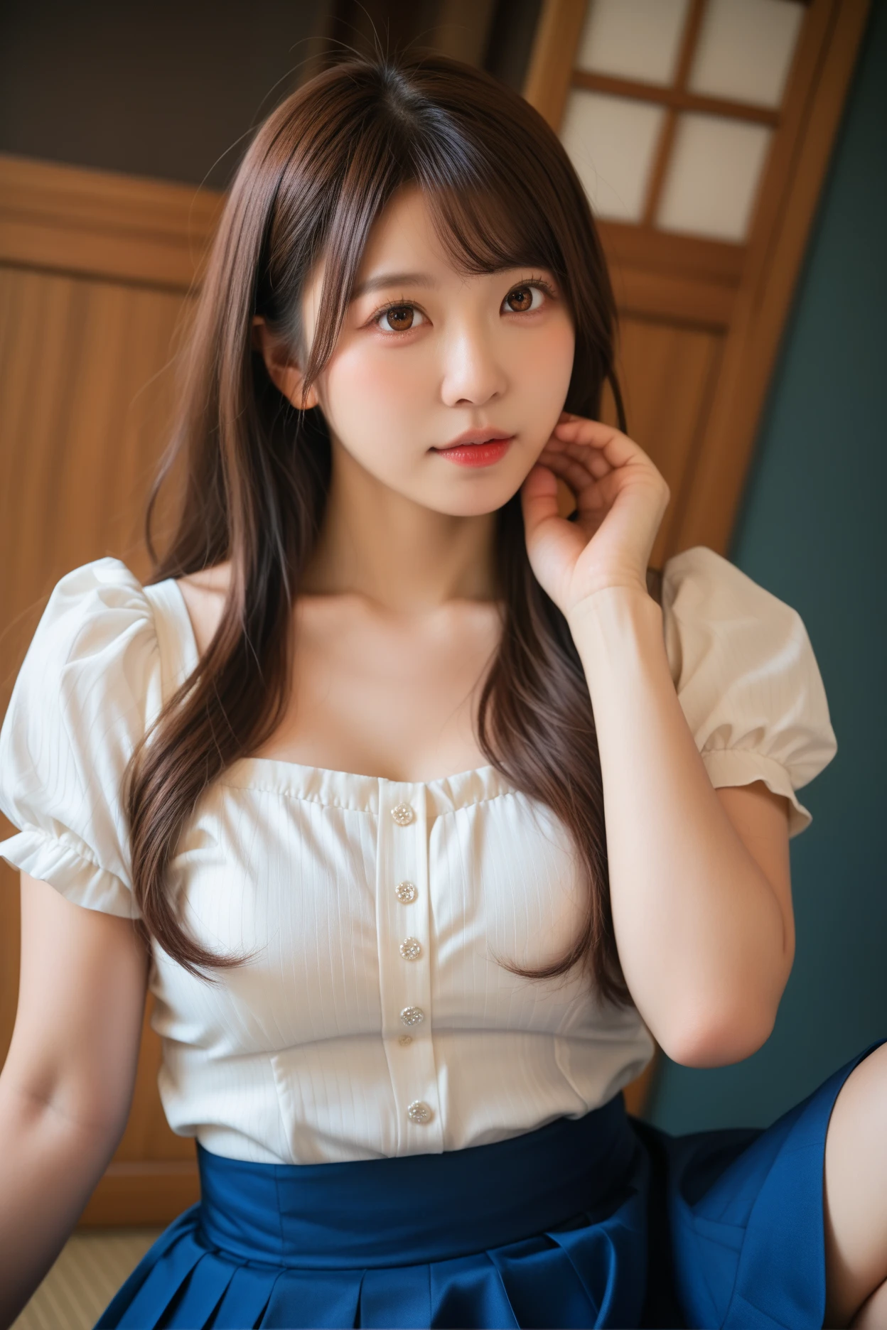 Official Art, masterpiece, Sharp focus, (Beautiful gorgeous and cute Korean woman:1.3), (Beautiful and cute Korean:1.3), Korean Beauty, Delicate and beautiful hair, eyes and face, Realistic, Super detailed, beautiful girl, blue sky, Glowing White Particles, (Side Lighting:1.2), Light of the sun, White cloud, Detailed Clouds, thin, Very  and very big , Smiling with teeth showing, ((Smile with your eyes, Open both eyes)), scenery, Straight long hair,  look, building, (Cityscape:1.7), Dynamic Hair, Straight long hair, Light brown hair details, Blue eyes glow, (Blue pleated shirt + White Skirt), White long socks, Pale skin, hair ornaments, epic scenery,