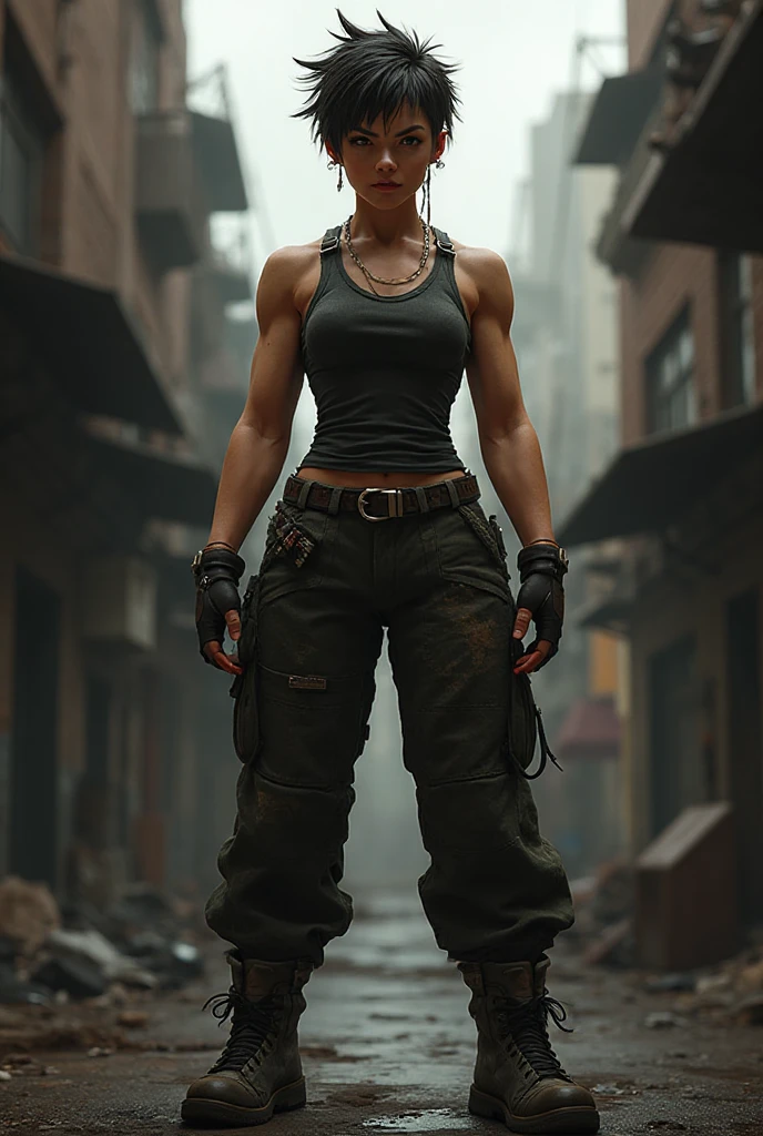 "A powerful, moody oil painting in a realistic style showing a female cyborg at her emotional limit, exhausted and overwhelmed, standing in the middle of a storm. She is trying to hold water in her tightly clenched hands, but it slips through her fingers. The sky is dark and turbulent, reflecting her inner turmoil. Her face shows deep fatigue and emotional strain. She has short hair with the sides shaved, and is wearing a black tank top, black tactical pants, and heavy military boots. Parts of her body reveal cybernetic implants and metal plating, showing damage from a recent battle. In the background, a dystopian battlefield with smoke, debris, and broken machines highlights the intensity of the fight she just endured."