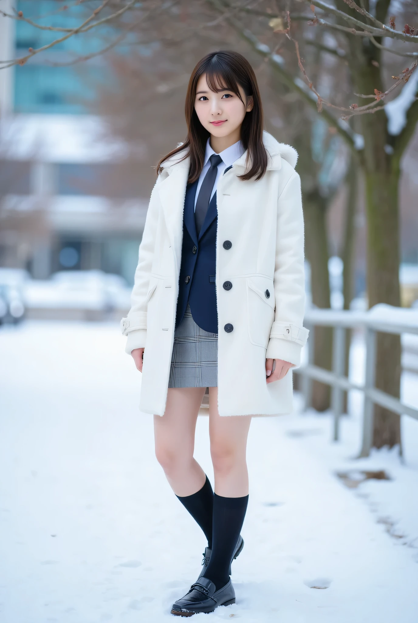 ultra detailed,8k,high resolution,beautiful detailed,high contrast,sharp focus, 50mm, f3,5,
best quality,super hyper realism,realistic,photorealism,(realistic skin:1.2),
japanese solo girl, no makeup, straight-on cinematic portrait, shallow depth of field, ultra realistic, smile,
Japanese girl,
Stylish Japanese student in a modern urban school uniform, over white duffle coat, navy blazer, gray skirt, slim tie, fashionable look, school girl in uniform wearing bluck loafers, black sox, cold, (white breath:1,3), winter, snow, (Warm your hands with your white breath:1,5),