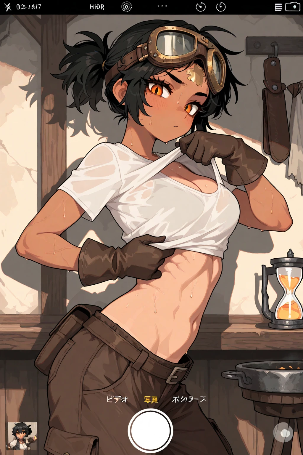 flat chests, , masterpiece, 1 girl,  , intricately detailed, , navel,  shoulders, necklace, blonde, short hair, baggy pants, dwarf, leather belt, hammer, blacksmith, mountains, forest, stones, rocks, extremely detailed, photorealistic, octane render, 8 k, unreal engine,  breasts, , yellow eyes, head goggles,  stomach, sweaty, moist breath, ((child)), arm strap, fire, one side braid, 1 ear , bangs, bandana, short stature, smiling, freckles, gloves, oven, cargo pants, high ponytail, petite