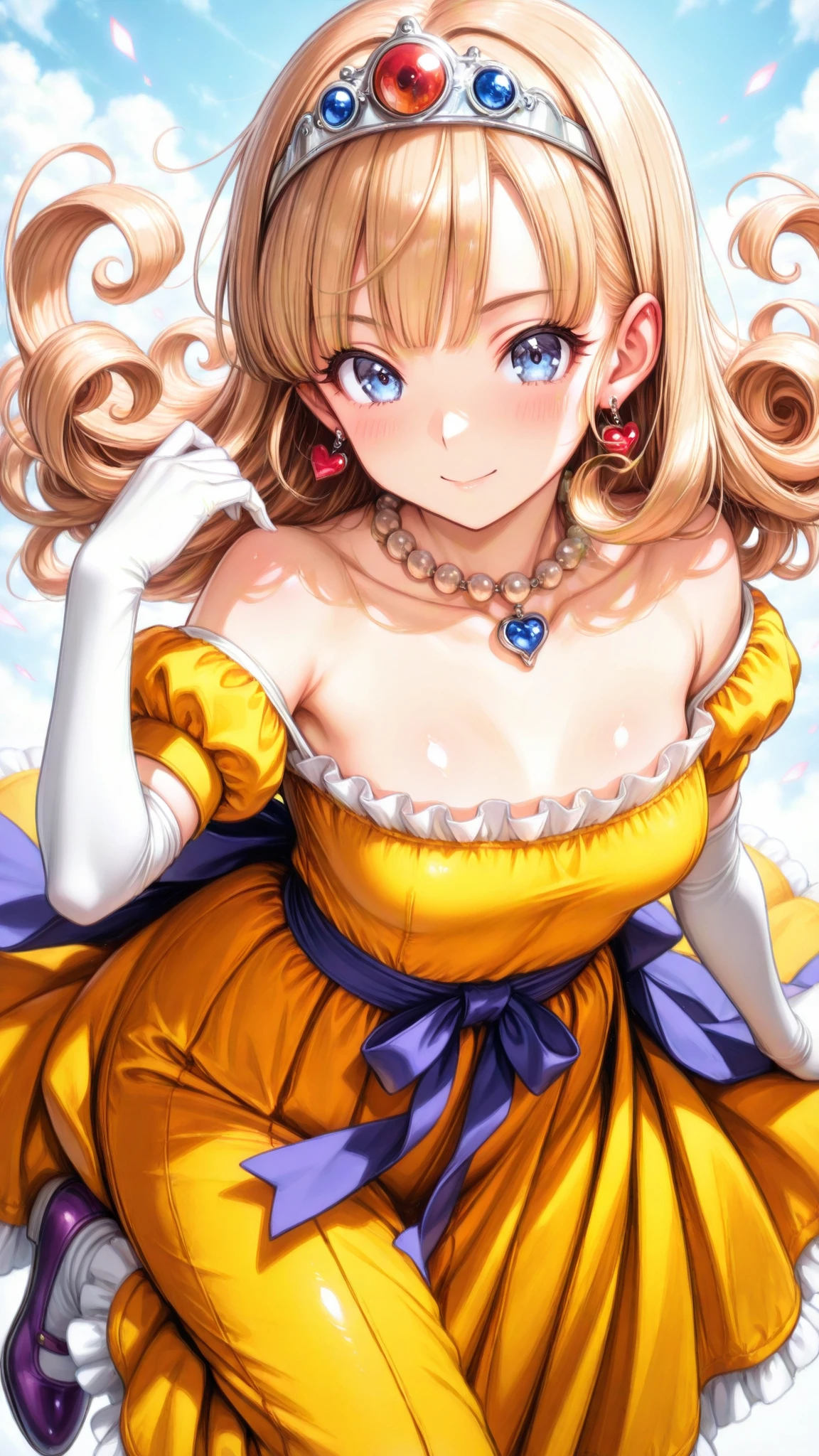 (ultra detail),upper body､Prairie
(masterpiece),(top quality),anime ､pastel,anime,glossy skin,Dragon Quest,Lola,princess,Beautiful blonde hair with detailed letter,long hair,curl hair,uneven bangs,Expand your bangs,tiara,hair ornaments,floating hair､Beautiful Blue Eyes,Lashes,詳細で美しいgem,gem,ear piercing,Detailed Beautiful Collarbone Line,Fine Beautiful Bare Skin Shoulders,medium chest,Detailed beautiful clavicle,
 heart earrings,braley to imasa,青いgem,pearl necklace,long sleeve,white gloves,Elbow pads,puffy Short sleeve,puff sleeve to put on your stomach,Short sleeve,Juliet Sleeve,yellow dress,dress,frilled dress,belt,waist ribbon  ,purple waist ribbon ,long skirt,purple footwear,long skirt,1girl,solo,pompom skirt,


