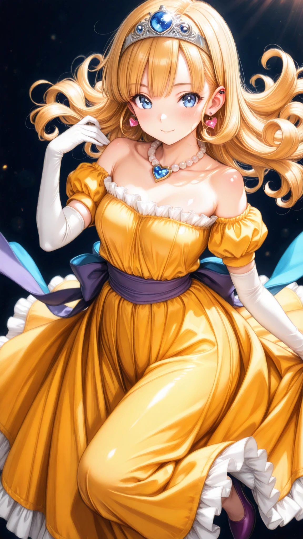 (ultra detail),upper body、Prairie
(masterpiece),(top quality),anime 、pastel,anime,glossy skin,Dragon Quest,Lola,princess,Beautiful blonde hair with detailed letter,long hair,curl hair,uneven bangs,Expand your bangs,tiara,hair ornaments,floating hair、Beautiful Blue Eyes,Lashes,詳細で美しいgem,gem,ear piercing,Detailed Beautiful Collarbone Line,Fine Beautiful Bare Skin Shoulders,medium chest,Detailed beautiful clavicle,
heart earrings,braley to imasa,青いgem,pearl necklace,long sleeve,white gloves,Elbow pads,puffy Short sleeve,puff sleeve to put on your stomach,Short sleeve,Juliet Sleeve,yellow dress,dress,frilled dress,belt,waist ribbon ,purple waist ribbon ,long skirt,purple footwear,long skirt,1girl,solo,pompom skirt,