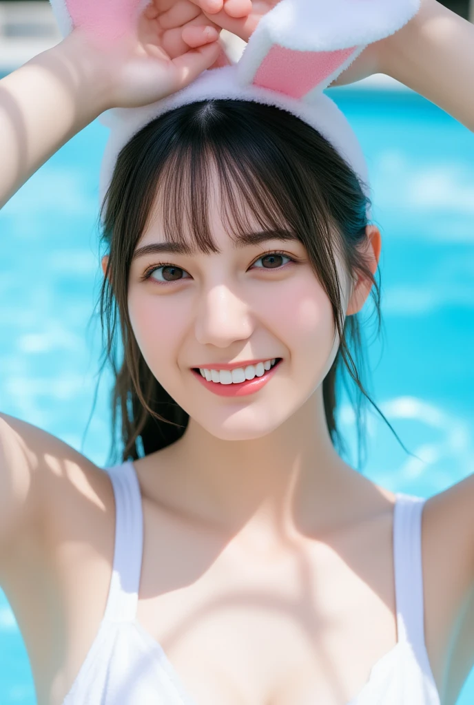 Beautiful Young Woman of the Year、 Korean women、Black Hair、Necklace around the neck、Woman in swimsuit、、smile, Beautiful teeth alignment、Intricate details, Very detailed:1.2), 、 Looking into the camera,background is indoor pool、ear piercing

、ear piercing