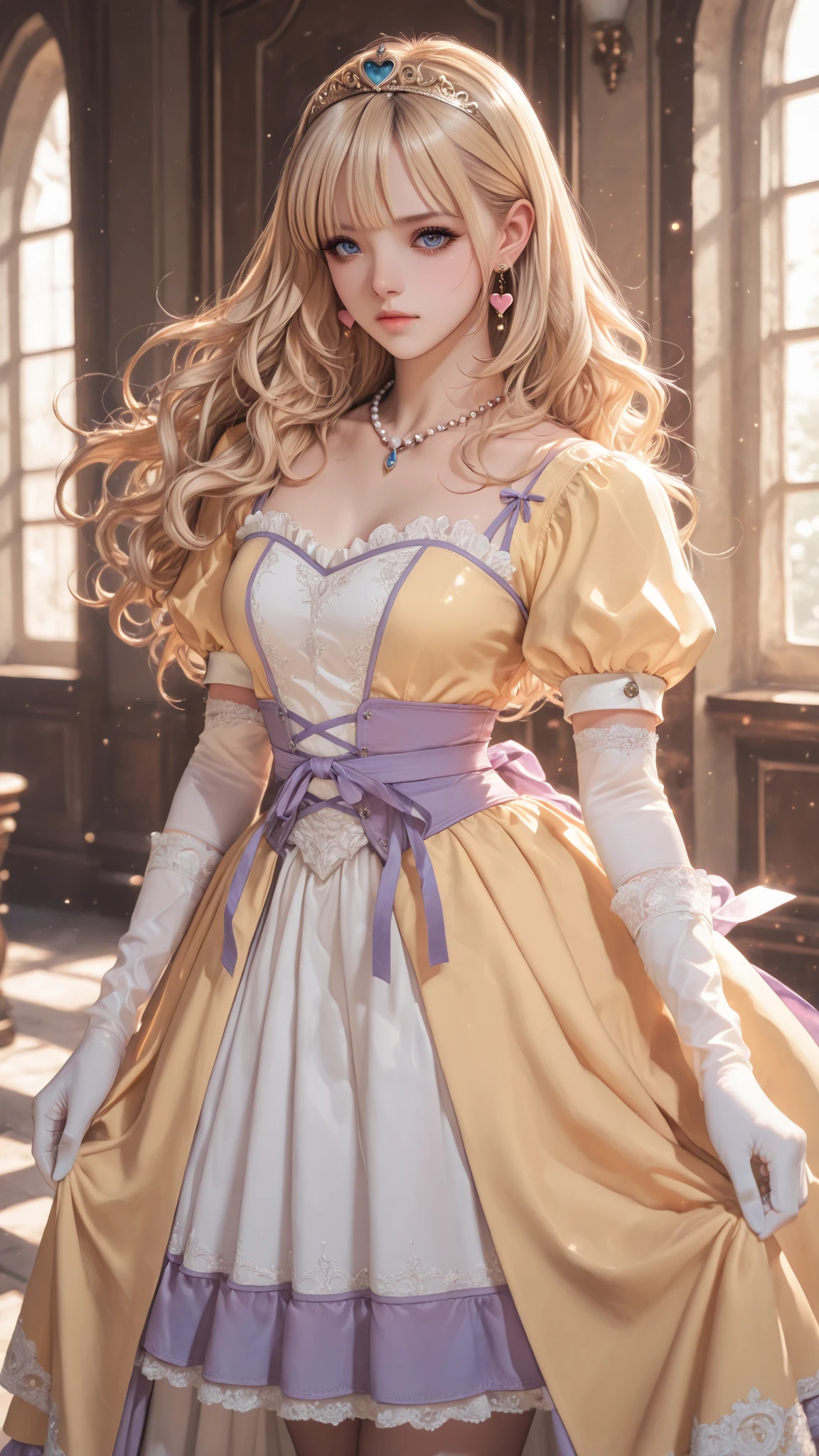 (ultra detail),upper body、Prairie
(masterpiece),(top quality),anime 、pastel,anime,glossy skin,Dragon Quest,Lola,princess,Beautiful blonde hair with detailed letter,long hair,curl hair,uneven bangs,Expand your bangs,tiara,hair ornaments,floating hair、Beautiful Blue Eyes,Lashes,詳細で美しいgem,gem,ear piercing,Detailed Beautiful Collarbone Line,Fine Beautiful Bare Skin Shoulders,medium chest,Detailed beautiful clavicle,
heart earrings,braley to imasa,青いgem,pearl necklace,long sleeve,white gloves,Elbow pads,puffy Short sleeve,puff sleeve to put on your stomach,Short sleeve,Juliet Sleeve,yellow dress,dress,frilled dress,belt,waist ribbon ,purple waist ribbon ,long skirt,purple footwear,long skirt,1girl,solo,pompom skirt,