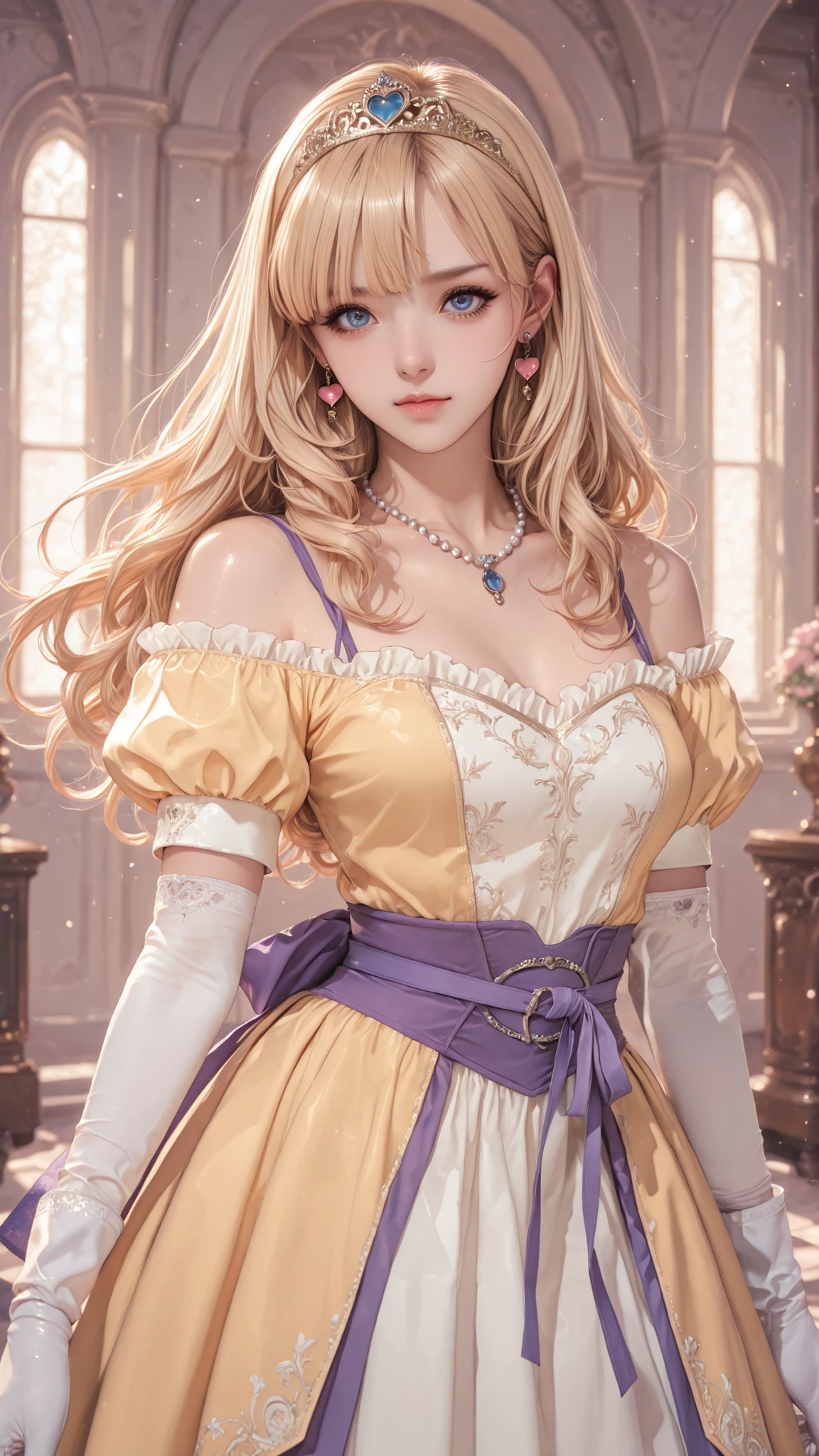 (ultra detail),upper body､Prairie
(masterpiece),(top quality),anime ､pastel,anime,glossy skin,Dragon Quest,Lola,princess,Beautiful blonde hair with detailed letter,long hair,curl hair,uneven bangs,Expand your bangs,tiara,hair ornaments,floating hair､Beautiful Blue Eyes,Lashes,詳細で美しいgem,gem,ear piercing,Detailed Beautiful Collarbone Line,Fine Beautiful Bare Skin Shoulders,medium chest,Detailed beautiful clavicle,
 heart earrings,braley to imasa,青いgem,pearl necklace,long sleeve,white gloves,Elbow pads,puffy Short sleeve,puff sleeve to put on your stomach,Short sleeve,Juliet Sleeve,yellow dress,dress,frilled dress,belt,waist ribbon  ,purple waist ribbon ,long skirt,purple footwear,long skirt,1girl,solo,pompom skirt,


