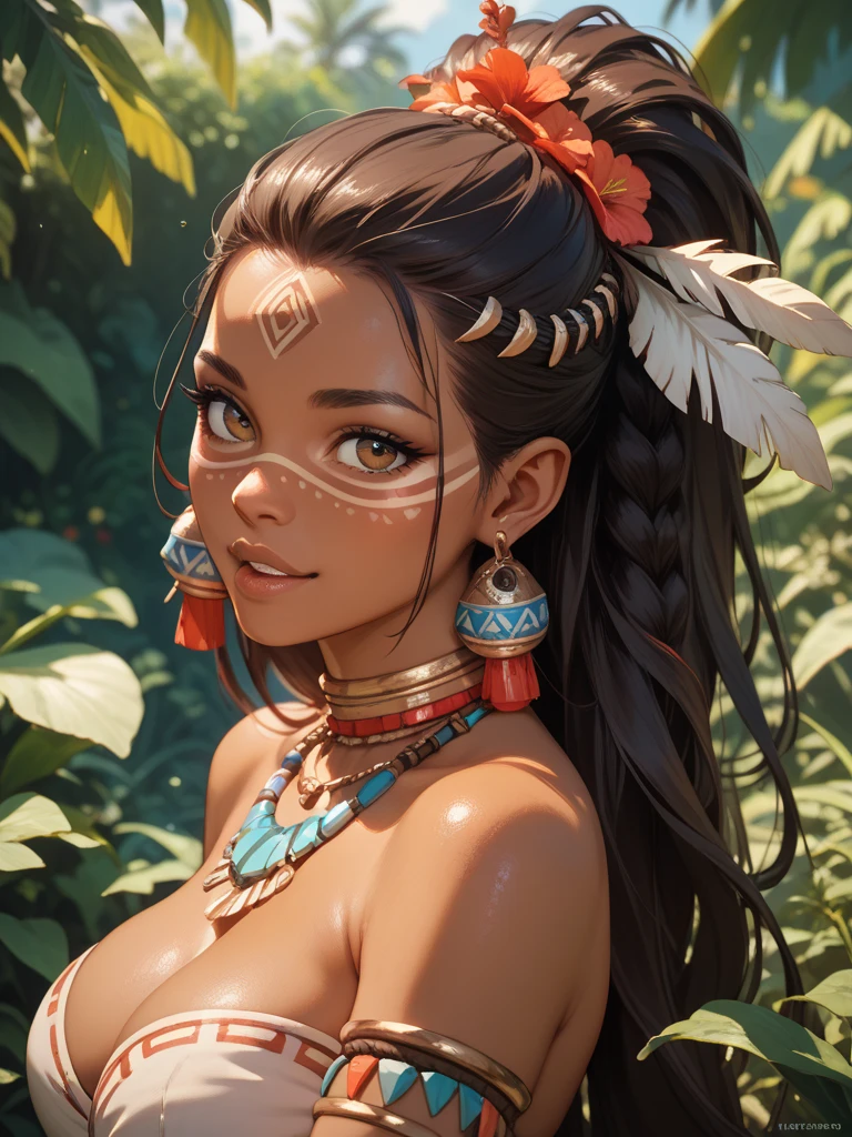 ((Highest quality)), ((masterpiece)), (detailed), （Perfect Face）、The woman is a beautiful native African tribal woman.で綺麗で豪華な花嫁のアクセサリーで装飾されて部族の逞しい男と情熱的に抱き合い深く誓いのキスをして深く愛し合い部族の広場で結婚式を挙げて妻として男に尽くし生涯添い遂げる部族繁栄のために夫との子供を産み続ける事を部族の精霊に誓う、The woman is Yuuki Asuna, a black woman with pitch black skin and naturally curly hair. She has light brown, very short afro hair that is naturally curly and finely braided into dreadlocks that are swept back in a tribal hairstyle, with little hair volume, she is an African black woman with tribal makeup, black ???????, tattoos all over her body, and a beautifully colored tribal outfit that does not cover her ???????.、The woman was a complete African native ???? tribeswoman, and had become a ???? tribeswoman in both body and mind.、The woman is a native African woman and a member of the tribe's ???? tribe, living happily with her friends.、The woman is a beautiful native African tribal woman.