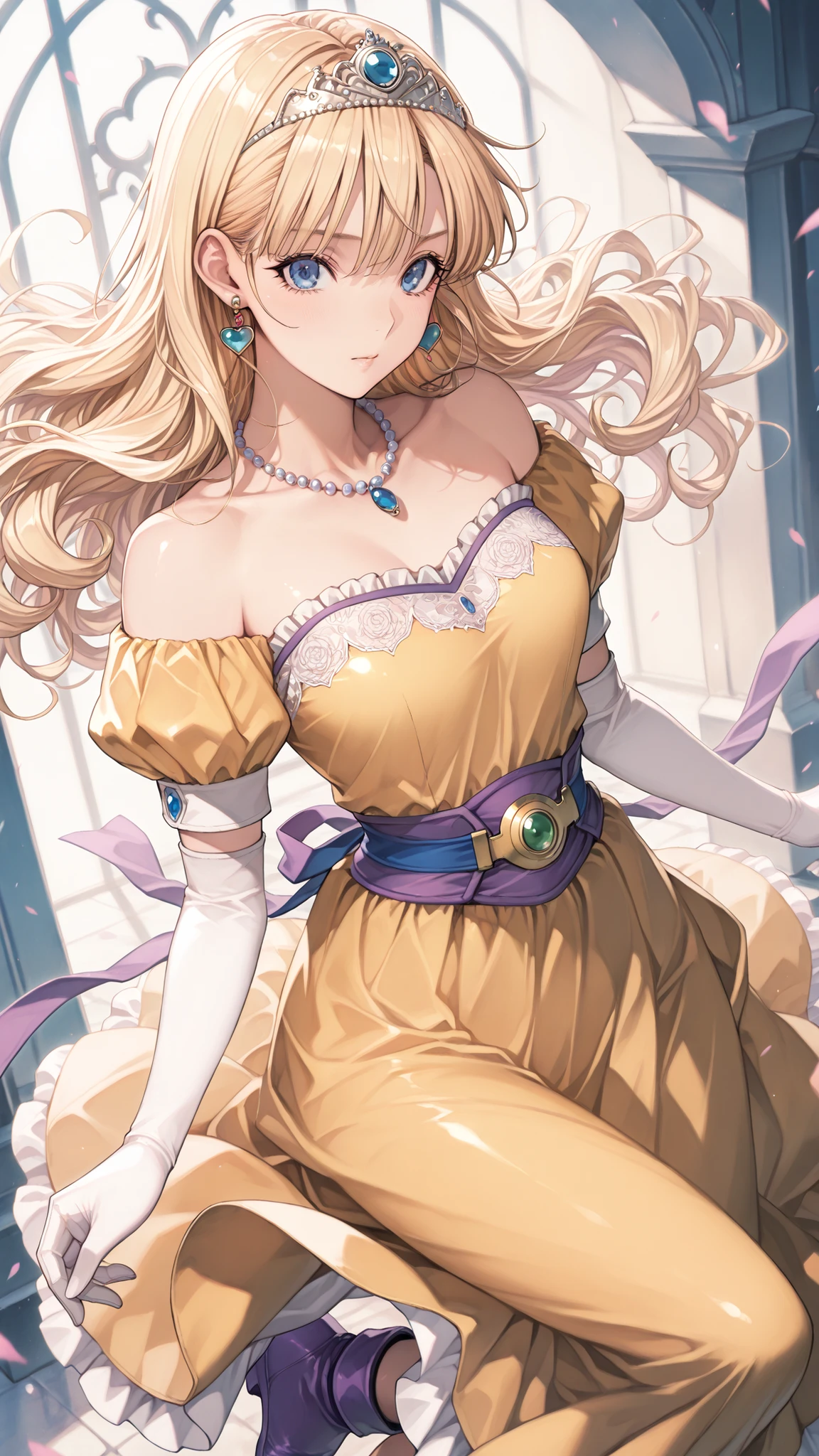 (ultra detail),upper body、Prairie
(masterpiece),(top quality),anime 、pastel,anime,glossy skin,Dragon Quest,Lola,princess,Beautiful blonde hair with detailed letter,long hair,curl hair,uneven bangs,Expand your bangs,tiara,hair ornaments,floating hair、Beautiful Blue Eyes,Lashes,詳細で美しいgem,gem,ear piercing,Detailed Beautiful Collarbone Line,Fine Beautiful Bare Skin Shoulders,medium chest,Detailed beautiful clavicle,
heart earrings,braley to imasa,青いgem,pearl necklace,long sleeve,white gloves,Elbow pads,puffy Short sleeve,puff sleeve to put on your stomach,Short sleeve,Juliet Sleeve,yellow dress,dress,frilled dress,belt,waist ribbon ,purple waist ribbon ,long skirt,purple footwear,long skirt,1girl,solo,pompom skirt,