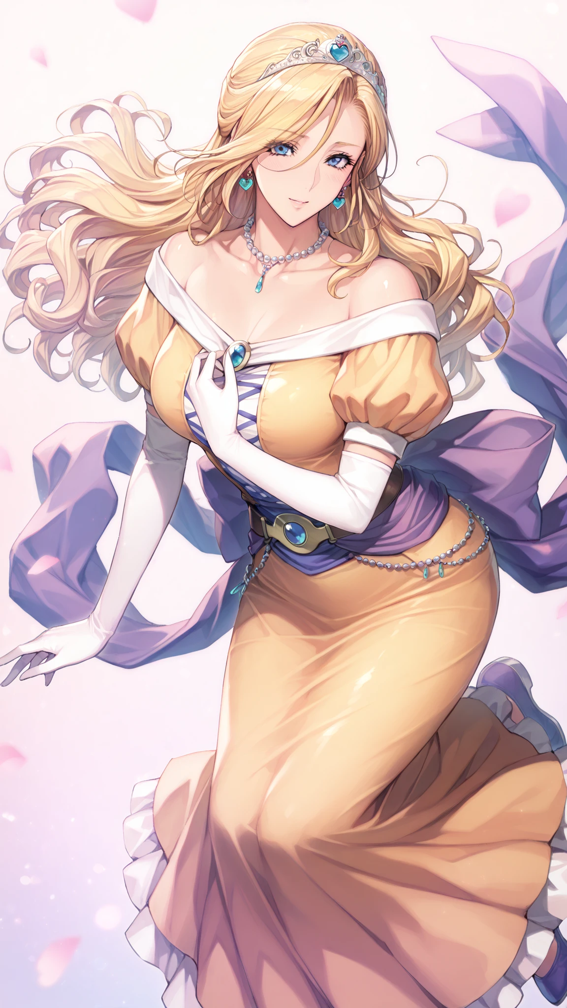 (ultra detail),upper body､Prairie
(masterpiece),(top quality),anime ､pastel,anime,glossy skin,Dragon Quest,Lola,princess,Beautiful blonde hair with detailed letter,long hair,curl hair,uneven bangs,Expand your bangs,tiara,hair ornaments,floating hair､Beautiful Blue Eyes,Lashes,詳細で美しいgem,gem,ear piercing,Detailed Beautiful Collarbone Line,Fine Beautiful Bare Skin Shoulders,medium chest,Detailed beautiful clavicle,
 heart earrings,braley to imasa,青いgem,pearl necklace,long sleeve,white gloves,Elbow pads,puffy Short sleeve,puff sleeve to put on your stomach,Short sleeve,Juliet Sleeve,yellow dress,dress,frilled dress,belt,waist ribbon  ,purple waist ribbon ,long skirt,purple footwear,long skirt,1girl,solo,pompom skirt,


