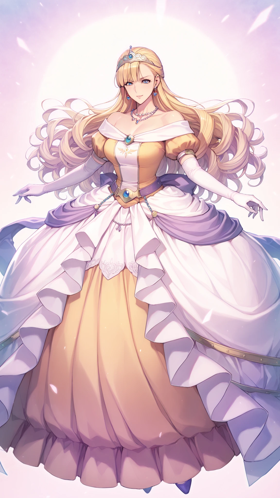 (ultra detail),upper body､Prairie
(masterpiece),(top quality),anime ､pastel,anime,glossy skin,Dragon Quest,Lola,princess,Beautiful blonde hair with detailed letter,long hair,curl hair,uneven bangs,Expand your bangs,tiara,hair ornaments,floating hair､Beautiful Blue Eyes,Lashes,詳細で美しいgem,gem,ear piercing,Detailed Beautiful Collarbone Line,Fine Beautiful Bare Skin Shoulders,medium chest,Detailed beautiful clavicle,
 heart earrings,braley to imasa,青いgem,pearl necklace,long sleeve,white gloves,Elbow pads,puffy Short sleeve,puff sleeve to put on your stomach,Short sleeve,Juliet Sleeve,yellow dress,dress,frilled dress,belt,waist ribbon  ,purple waist ribbon ,long skirt,purple footwear,long skirt,1girl,solo,pompom skirt,


