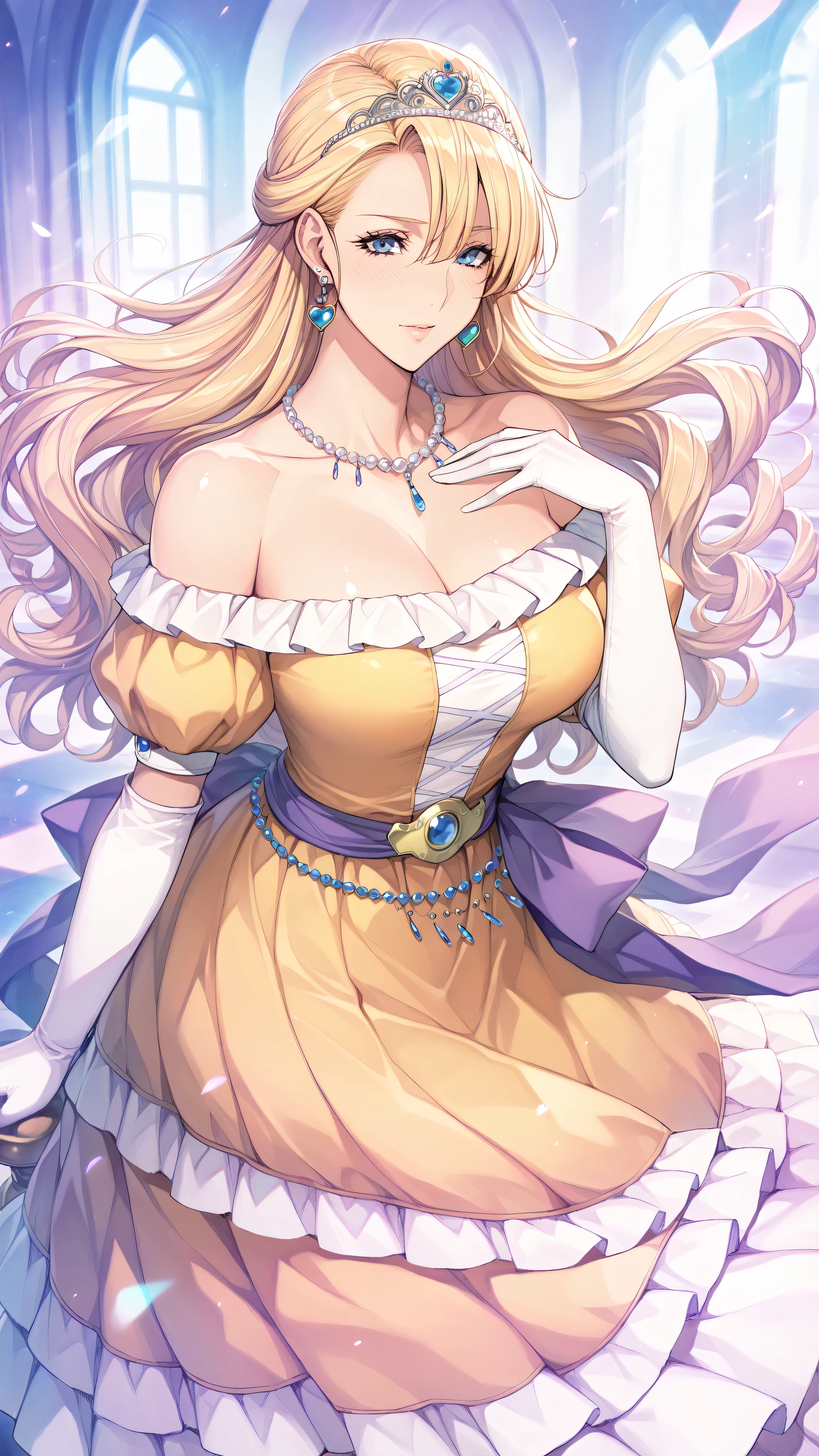 (ultra detailed),Upper Body Up､Prairie
(masterpiece),(best quality),Anime ､pastel color,Anime,shiny skin,Dragon Quest,Lola,Princess,letter detailed beautiful blonde hair,long hair,curl hair,Blunt Bang,bangs between eyes,Tiara,hair ornament,floating hair､beautiful blue eyes,Lashes,詳細で美しいgem,gem,ear piercing,detailed beautiful collarbone line,detailed and beautiful bare shoulders,medium chest,Detailed beautiful clavicle,
 heart earrings,single,青いgem,pearl necklace,long sleeve,white gloves,elbow gloves,puffy Short Sleeve,Puff Sleeves,Short Sleeve,Juliet Sleeves,yellow dress,dress,frilled dress,belt,waist ribbon ,purple waist ribbon,long skirt,purple footwear,long skirt,1girl,solo,Pom pom shorts,


