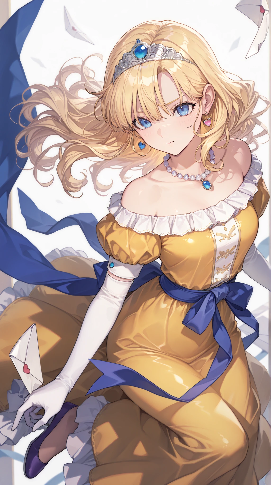 (ultra detail),upper body､Prairie
(masterpiece),(top quality),anime ､pastel,anime,glossy skin,Dragon Quest,Lola,princess,Beautiful blonde hair with detailed letter,long hair,curl hair,uneven bangs,Expand your bangs,tiara,hair ornaments,floating hair､Beautiful Blue Eyes,Lashes,詳細で美しいgem,gem,ear piercing,Detailed Beautiful Collarbone Line,Fine Beautiful Bare Skin Shoulders,medium chest,Detailed beautiful clavicle,
 heart earrings,braley to imasa,青いgem,pearl necklace,long sleeve,white gloves,Elbow pads,puffy Short sleeve,puff sleeve to put on your stomach,Short sleeve,Juliet Sleeve,yellow dress,dress,frilled dress,belt,waist ribbon  ,purple waist ribbon ,long skirt,purple footwear,long skirt,1girl,solo,pompom skirt,


