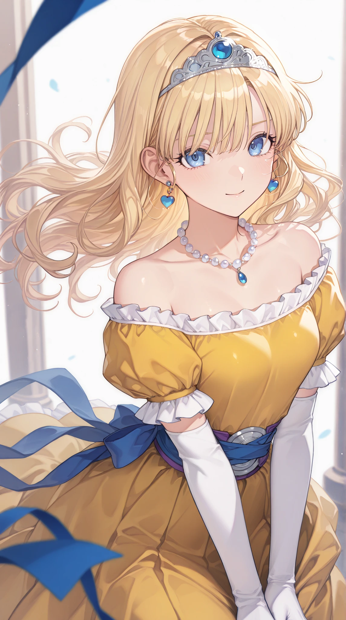 (ultra detail),upper body、Prairie
(masterpiece),(top quality),anime 、pastel,anime,glossy skin,Dragon Quest,Lola,princess,Beautiful blonde hair with detailed letter,long hair,curl hair,uneven bangs,Expand your bangs,tiara,hair ornaments,floating hair、Beautiful Blue Eyes,Lashes,詳細で美しいgem,gem,ear piercing,Detailed Beautiful Collarbone Line,Fine Beautiful Bare Skin Shoulders,medium chest,Detailed beautiful clavicle,
heart earrings,braley to imasa,青いgem,pearl necklace,long sleeve,white gloves,Elbow pads,puffy Short sleeve,puff sleeve to put on your stomach,Short sleeve,Juliet Sleeve,yellow dress,dress,frilled dress,belt,waist ribbon ,purple waist ribbon ,long skirt,purple footwear,long skirt,1girl,solo,pompom skirt,
