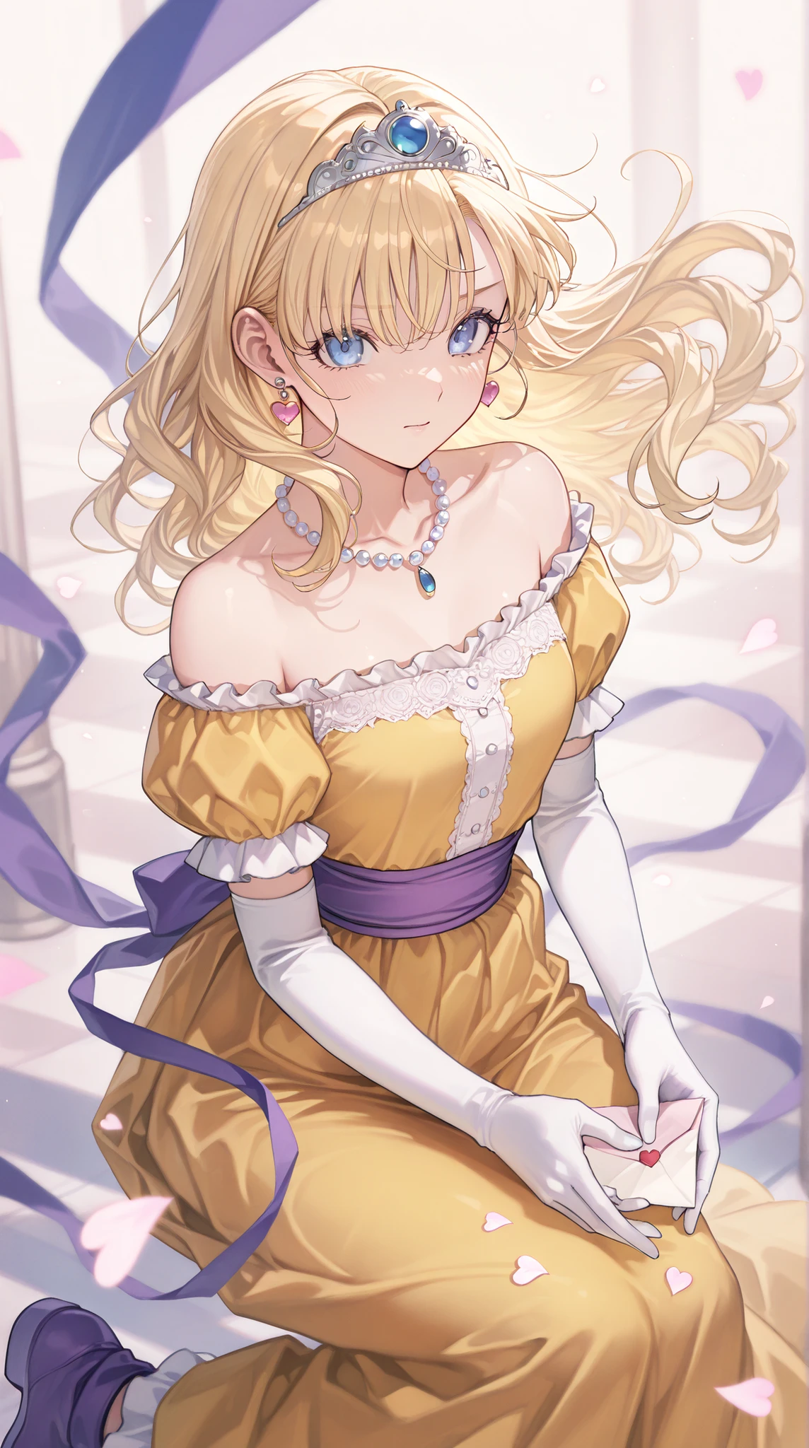 (ultra detail),upper body､Prairie
(masterpiece),(top quality),anime ､pastel,anime,glossy skin,Dragon Quest,Lola,princess,Beautiful blonde hair with detailed letter,long hair,curl hair,uneven bangs,Expand your bangs,tiara,hair ornaments,floating hair､Beautiful Blue Eyes,Lashes,詳細で美しいgem,gem,ear piercing,Detailed Beautiful Collarbone Line,Fine Beautiful Bare Skin Shoulders,medium chest,Detailed beautiful clavicle,
 heart earrings,braley to imasa,青いgem,pearl necklace,long sleeve,white gloves,Elbow pads,puffy Short sleeve,puff sleeve to put on your stomach,Short sleeve,Juliet Sleeve,yellow dress,dress,frilled dress,belt,waist ribbon  ,purple waist ribbon ,long skirt,purple footwear,long skirt,1girl,solo,pompom skirt,


