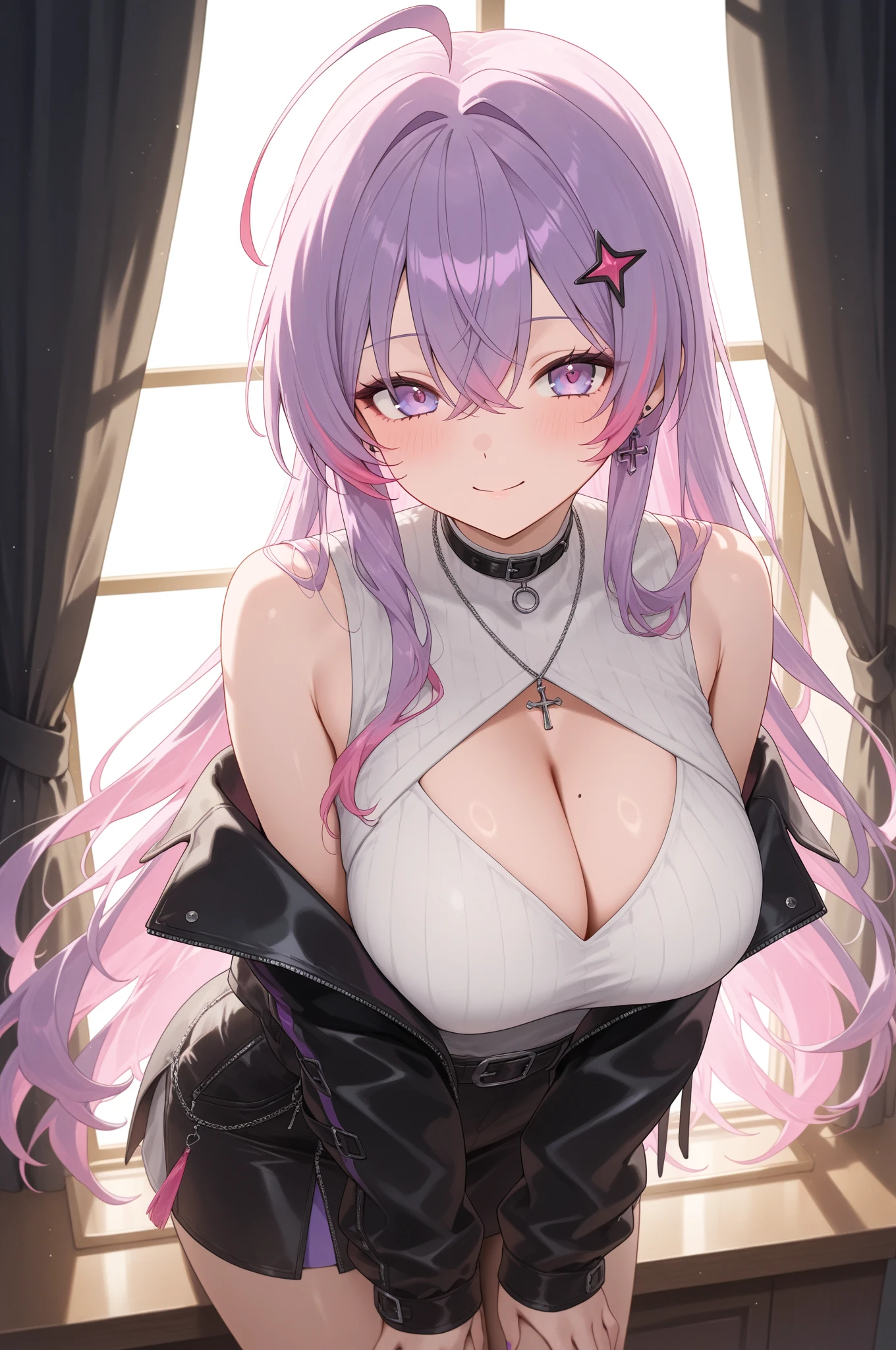 Wolf Girl, Large Breasts, Voluminous purple hair, masterpiece , Red eyes, hd, Thick thighs, Head to Chest, buried in my chest、Double teeth、tooth、Chubby、Grinning、White leggings、White tank top、Big cleavage、