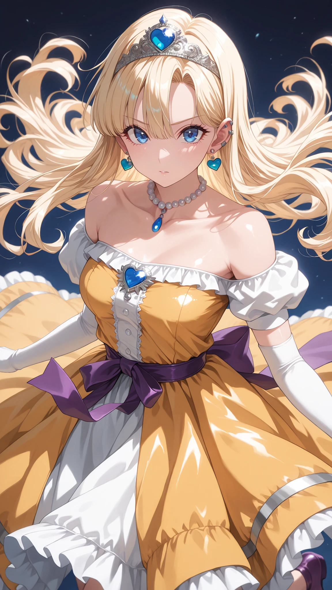 (ultra detail),upper body、Prairie
(masterpiece),(top quality),anime 、pastel,anime,glossy skin,Dragon Quest,Lola,princess,Beautiful blonde hair with detailed letter,long hair,curl hair,uneven bangs,Expand your bangs,tiara,hair ornaments,floating hair、Beautiful Blue Eyes,Lashes,詳細で美しいgem,gem,ear piercing,Detailed Beautiful Collarbone Line,Fine Beautiful Bare Skin Shoulders,medium chest,Detailed beautiful clavicle,
heart earrings,braley to imasa,青いgem,pearl necklace,long sleeve,white gloves,Elbow pads,puffy Short sleeve,puff sleeve to put on your stomach,Short sleeve,Juliet Sleeve,yellow dress,dress,frilled dress,belt,waist ribbon ,purple waist ribbon ,long skirt,purple footwear,long skirt,1girl,solo,pompom skirt,