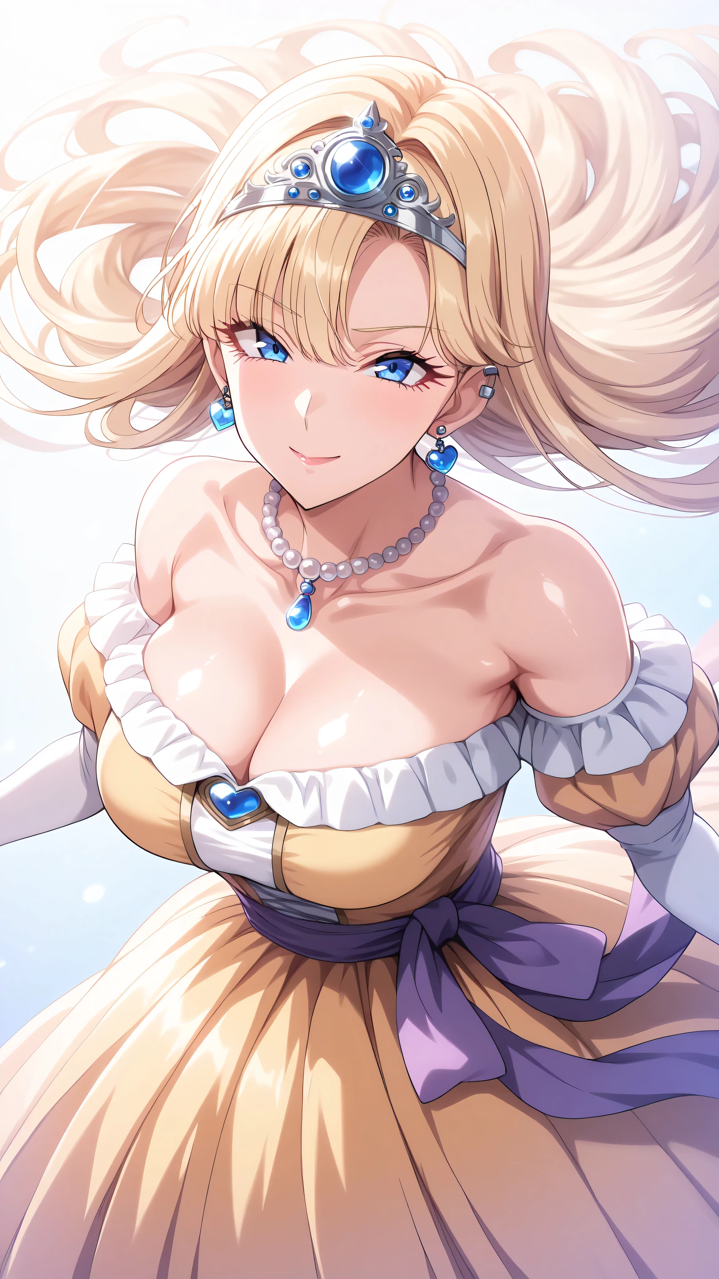 (ultra detailed),Upper Body Up、Prairie
(masterpiece),(best quality),Anime 、pastel color,Anime,shiny skin,Dragon Quest,Lola,Princess,letter detailed beautiful blonde hair,long hair,curl hair,Blunt Bang,bangs between eyes,Tiara,hair ornament,floating hair、beautiful blue eyes,Lashes,詳細で美しいgem,gem,ear piercing,detailed beautiful collarbone line,detailed and beautiful bare shoulders,medium chest,Detailed beautiful clavicle,
heart earrings,single,青いgem,pearl necklace,long sleeve,white gloves,elbow gloves,puffy Short Sleeve,Puff Sleeves,Short Sleeve,Juliet Sleeves,yellow dress,dress,frilled dress,belt,waist ribbon ,purple waist ribbon,long skirt,purple footwear,long skirt,1girl,solo,Pom pom shorts,