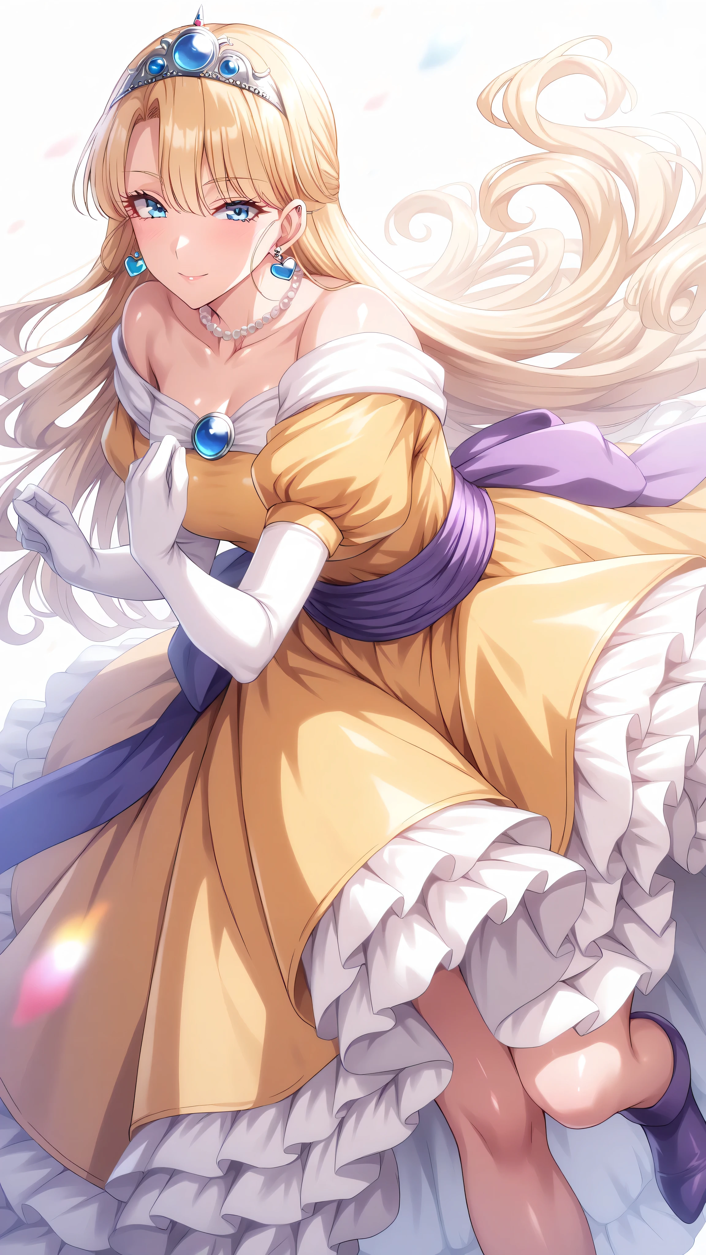 (ultra detailed),Upper Body Up、Prairie
(masterpiece),(best quality),Anime 、pastel color,Anime,shiny skin,Dragon Quest,Lola,Princess,letter detailed beautiful blonde hair,long hair,curl hair,Blunt Bang,bangs between eyes,Tiara,hair ornament,floating hair、beautiful blue eyes,Lashes,詳細で美しいgem,gem,ear piercing,detailed beautiful collarbone line,detailed and beautiful bare shoulders,medium chest,Detailed beautiful clavicle,
heart earrings,single,青いgem,pearl necklace,long sleeve,white gloves,elbow gloves,puffy Short Sleeve,Puff Sleeves,Short Sleeve,Juliet Sleeves,yellow dress,dress,frilled dress,belt,waist ribbon ,purple waist ribbon,long skirt,purple footwear,long skirt,1girl,solo,Pom pom shorts,