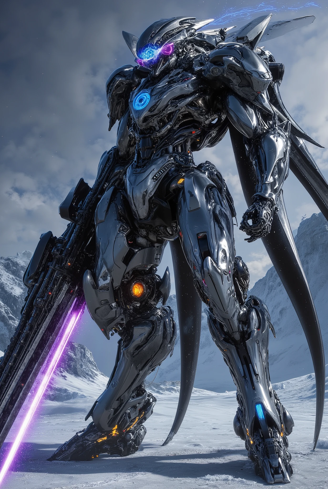 (120-meter-high gunmetal mirrored body:1.5), hologram colorのライン. black top, Purple and blue arc discharge lights on each joint, Black head and black legs. Antarctica. Hyper futuristic gothic psycho system mecha, powerful and elegant body line,hologram color,(The huge railgun I hold in my right hand has a blue energy line and shines:1.5),(The two huge reactors on the chest shine blue strongly:2.0),(profound impression:1.5),( with icebergs in the background:1.2),(Blue plasma energy is being discharged from a 6-pack Gatling railgun:1.5),(The eye sensor on the head shines purple:1.5)