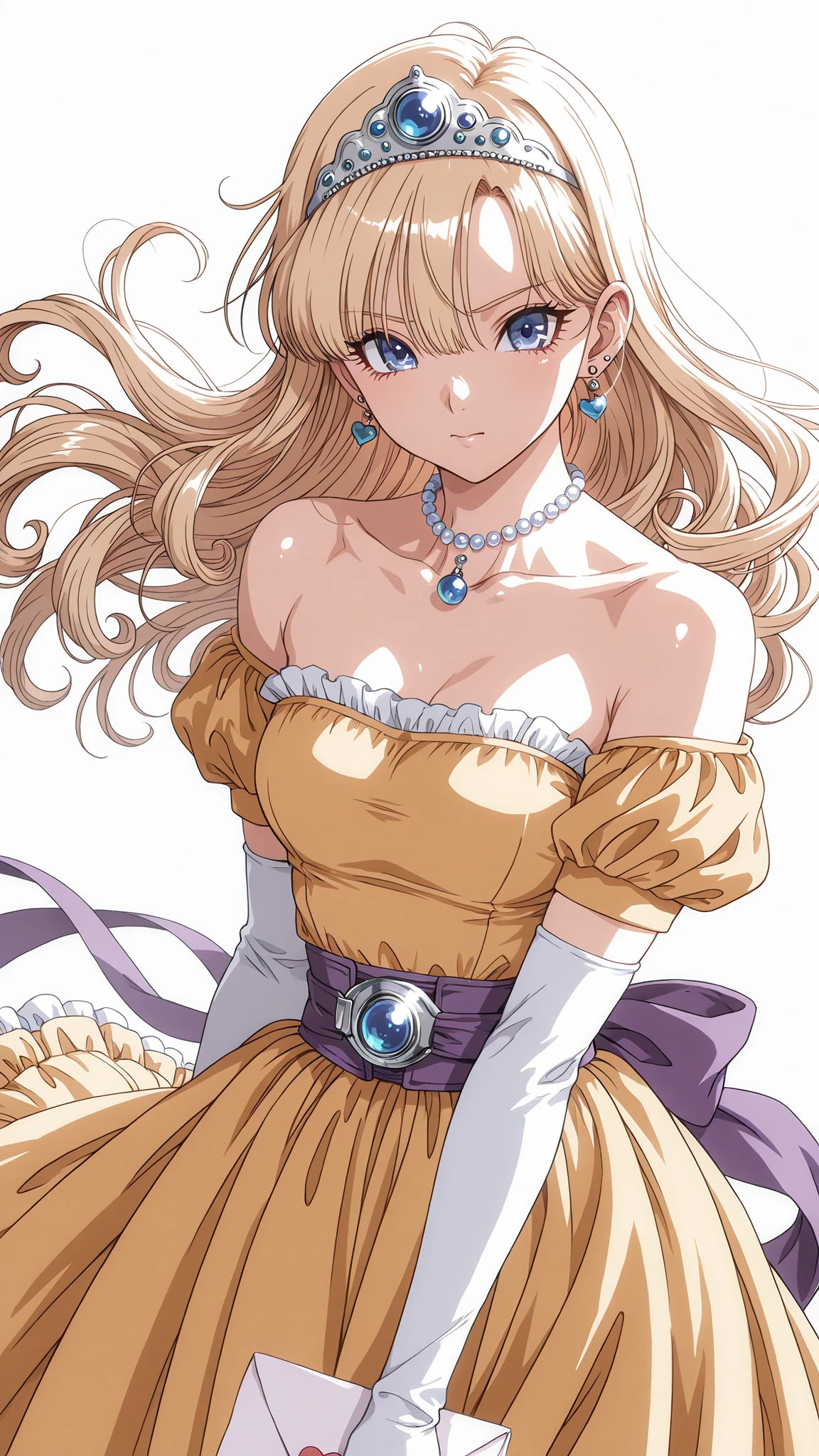 (ultra detail),upper body､Prairie
(masterpiece),(top quality),anime ､pastel,anime,glossy skin,Dragon Quest,Lola,princess,Beautiful blonde hair with detailed letter,long hair,curl hair,uneven bangs,Expand your bangs,tiara,hair ornaments,floating hair､Beautiful Blue Eyes,Lashes,詳細で美しいgem,gem,ear piercing,Detailed Beautiful Collarbone Line,Fine Beautiful Bare Skin Shoulders,medium chest,Detailed beautiful clavicle,
 heart earrings,braley to imasa,青いgem,pearl necklace,long sleeve,white gloves,Elbow pads,puffy Short sleeve,puff sleeve to put on your stomach,Short sleeve,Juliet Sleeve,yellow dress,dress,frilled dress,belt,waist ribbon  ,purple waist ribbon ,long skirt,purple footwear,long skirt,1girl,solo,pompom skirt,


