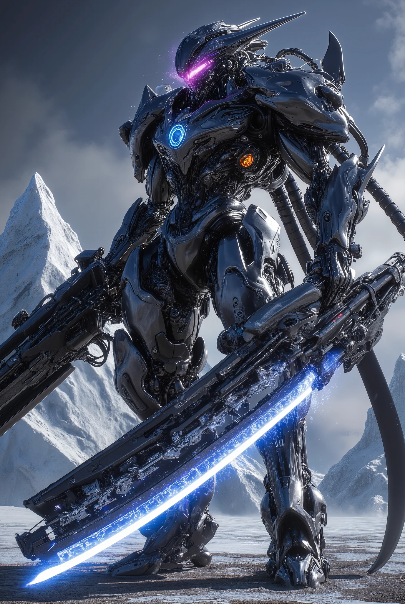 (120-meter-high gunmetal mirrored body:1.5), hologram colorのライン. black top, Purple and blue arc discharge lights on each joint, Black head and black legs. Antarctica. Hyper futuristic gothic psycho system mecha, powerful and elegant body line,hologram color,(The huge railgun I hold in my right hand has a blue energy line and shines:1.5),(The two huge reactors on the chest shine blue strongly:2.0),(profound impression:1.5),( with icebergs in the background:1.2),(Blue plasma energy is being discharged from a 6-pack Gatling railgun:1.5),(The eye sensor on the head shines purple:1.5),(Armor like medieval western armor:1.5),