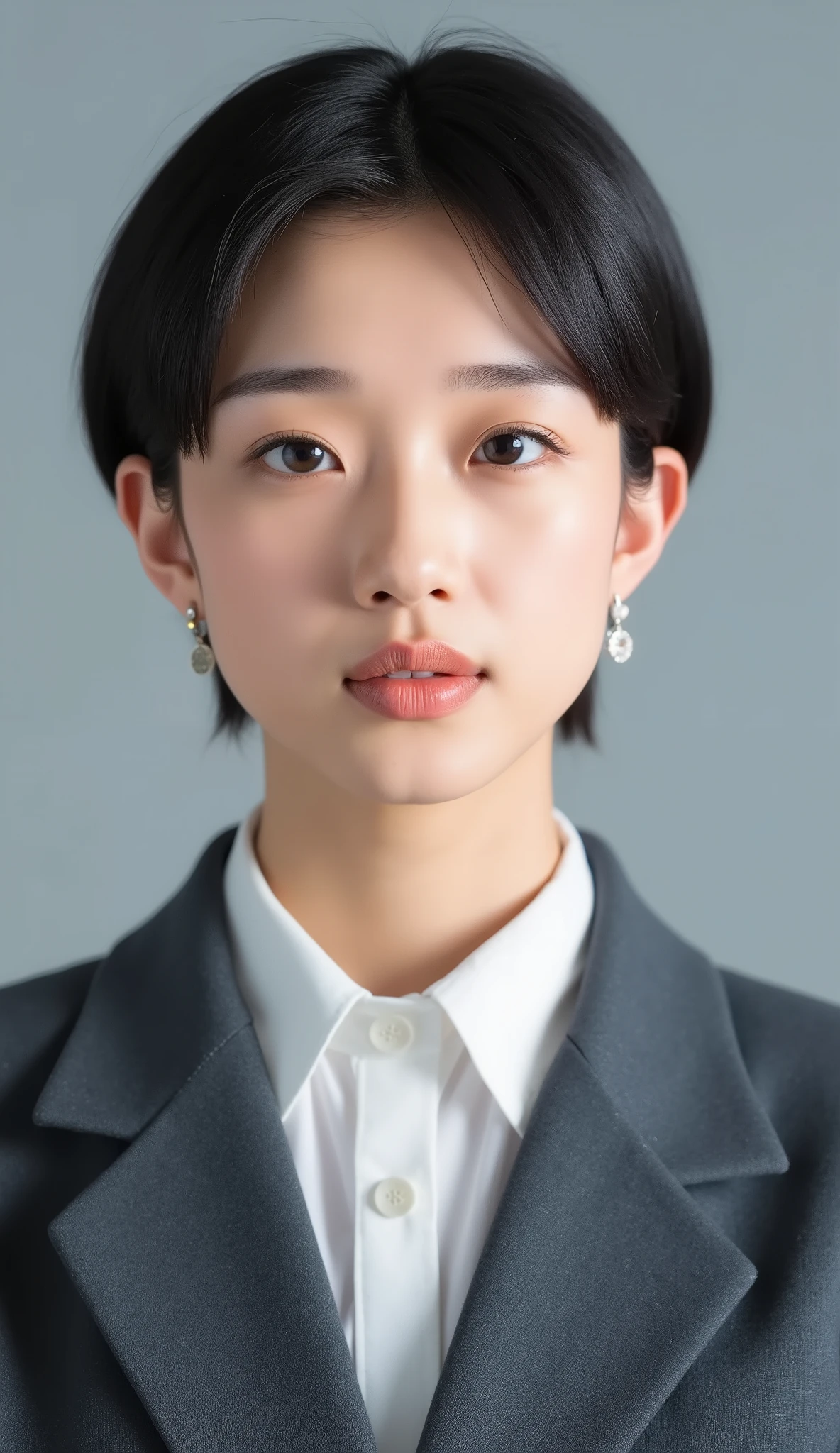 Passport photo of a neat young woman、facing directly、camera list、office lady suit、jacket、shirt、、、ear piercings、前髪あり、、、無表情、、、has closed its mouth、face close-up、grey background
