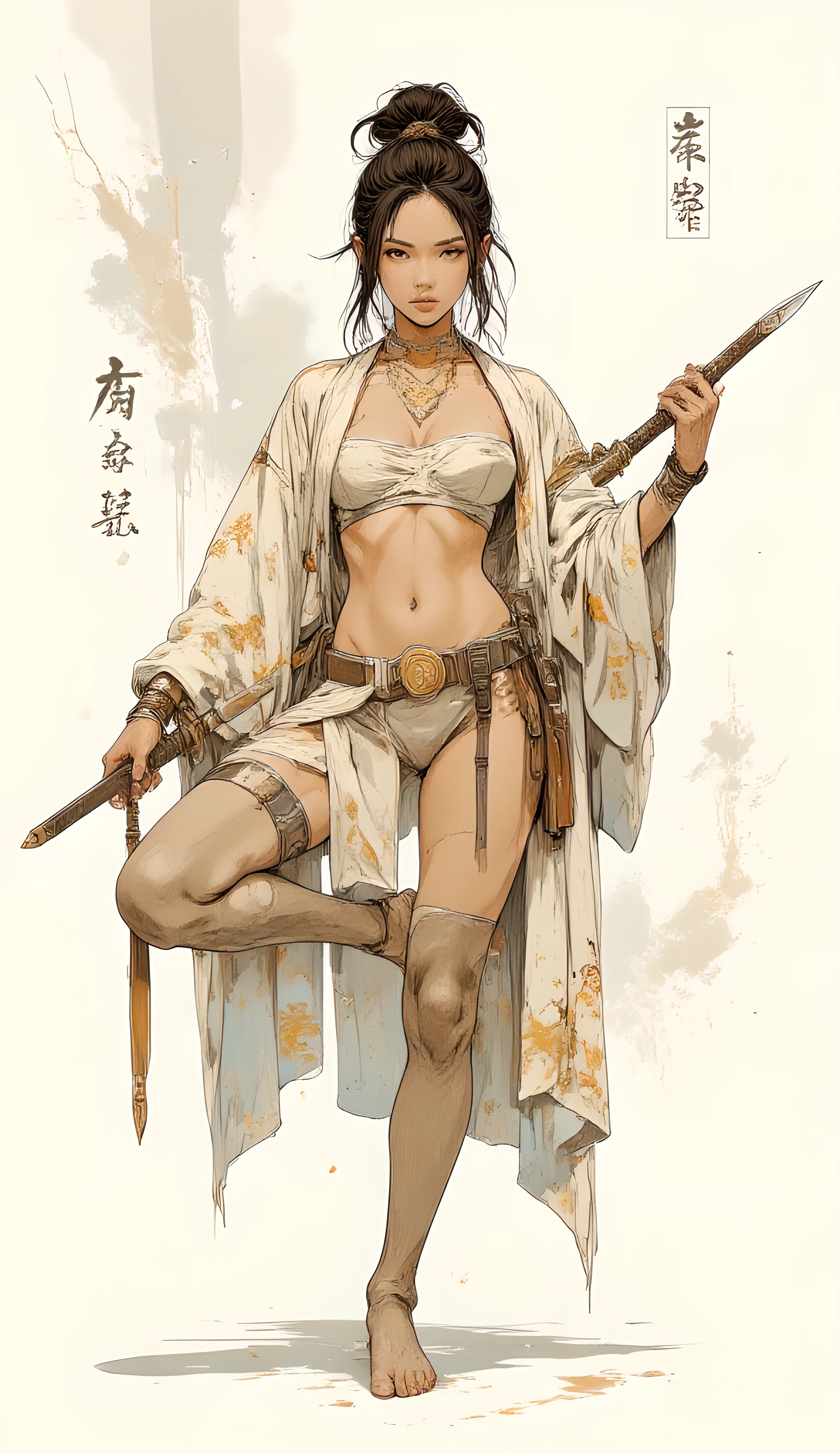 Comic art. Score_9, score_8_up, score_7_up, ((highest quality)), ((masterpiece)), ((full face)), Perfect Face, (High definition), (Best Shadow), 8k, cinematic, (Realistic:1.4),dramatic. A beautiful, alluring, and breathtaking woman, with a slender yet athletic physique. Her hair is styled in a sophisticated updo, accentuating her graceful neck and shoulders. She holds a gleaming katana with exquisite control, using it as a prop for balance in dynamic yoga poses, conveying both strength and serenity. Her expression is focused and serene, embodying a blend of discipline and allure.
She is dressed in a very wide and short, seductive kimono, made of luxurious seethrough silk fabric that drapes elegantly. The kimono is off-white or light cream in color, with subtle, delicate floral patterns in gold or silver thread that catch the light. The sleeves are voluminous and flowing, and the hem is daringly short, revealing her long, toned legs. The overall impression is one of sensual elegance and traditional inspiration.
A pristine, clean white background, softly illuminated to create a sense of ethereal calm. Subtly integrated into the background are faint, almost translucent Chinese brushstroke characters, appearing as if painted with diluted ink. These characters are artistic and abstract, adding a touch of cultural depth without distracting from the main subject. The lighting is soft and diffused, creating gentle shadows that add depth without harshness.
Photorealistic, high-resolution, editorial fashion photography style, with a fine art aesthetic. The lighting should be dramatic yet soft, highlighting the woman's form and the textures of her clothing and the katana. Emphasize sharp focus on the subject with a slight, pleasing bokeh in the background. Inspired by the elegance of traditional Asian art blended with modern sensuality.
Extremely high detail, ultra-realistic, cinematic quality, professional studio shot, intricate details, sharp focus, light pastel colors