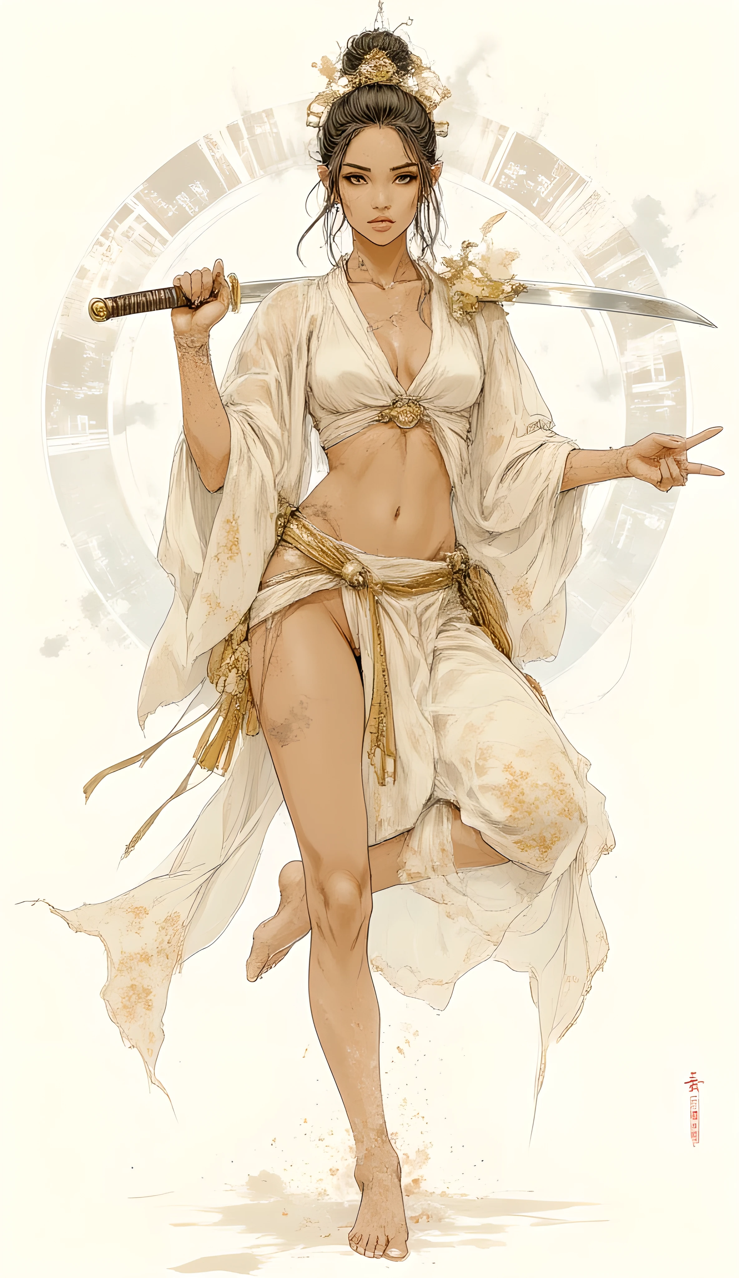 Comic art. Score_9, score_8_up, score_7_up, ((highest quality)), ((masterpiece)), ((full face)), Perfect Face, (High definition), (Best Shadow), 8k, cinematic, (Realistic:1.4),dramatic. A beautiful, alluring, and breathtaking woman, with a slender yet athletic physique. Her hair is styled in a sophisticated updo, accentuating her graceful neck and shoulders. She holds a gleaming katana with exquisite control, using it as a prop for balance in dynamic yoga poses, conveying both strength and serenity. Her expression is focused and serene, embodying a blend of discipline and allure.
She is dressed in a very wide and short, seductive kimono, made of luxurious seethrough silk fabric that drapes elegantly. The kimono is off-white or light cream in color, with subtle, delicate floral patterns in gold or silver thread that catch the light. The sleeves are voluminous and flowing, and the hem is daringly short, revealing her long, toned legs. The overall impression is one of sensual elegance and traditional inspiration.
A pristine, clean white background, softly illuminated to create a sense of ethereal calm. Subtly integrated into the background are faint, almost translucent Chinese brushstroke characters, appearing as if painted with diluted ink. These characters are artistic and abstract, adding a touch of cultural depth without distracting from the main subject. The lighting is soft and diffused, creating gentle shadows that add depth without harshness.
Photorealistic, high-resolution, editorial fashion photography style, with a fine art aesthetic. The lighting should be dramatic yet soft, highlighting the woman's form and the textures of her clothing and the katana. Emphasize sharp focus on the subject with a slight, pleasing bokeh in the background. Inspired by the elegance of traditional Asian art blended with modern sensuality.
Extremely high detail, ultra-realistic, cinematic quality, professional studio shot, intricate details, sharp focus, light pastel colors