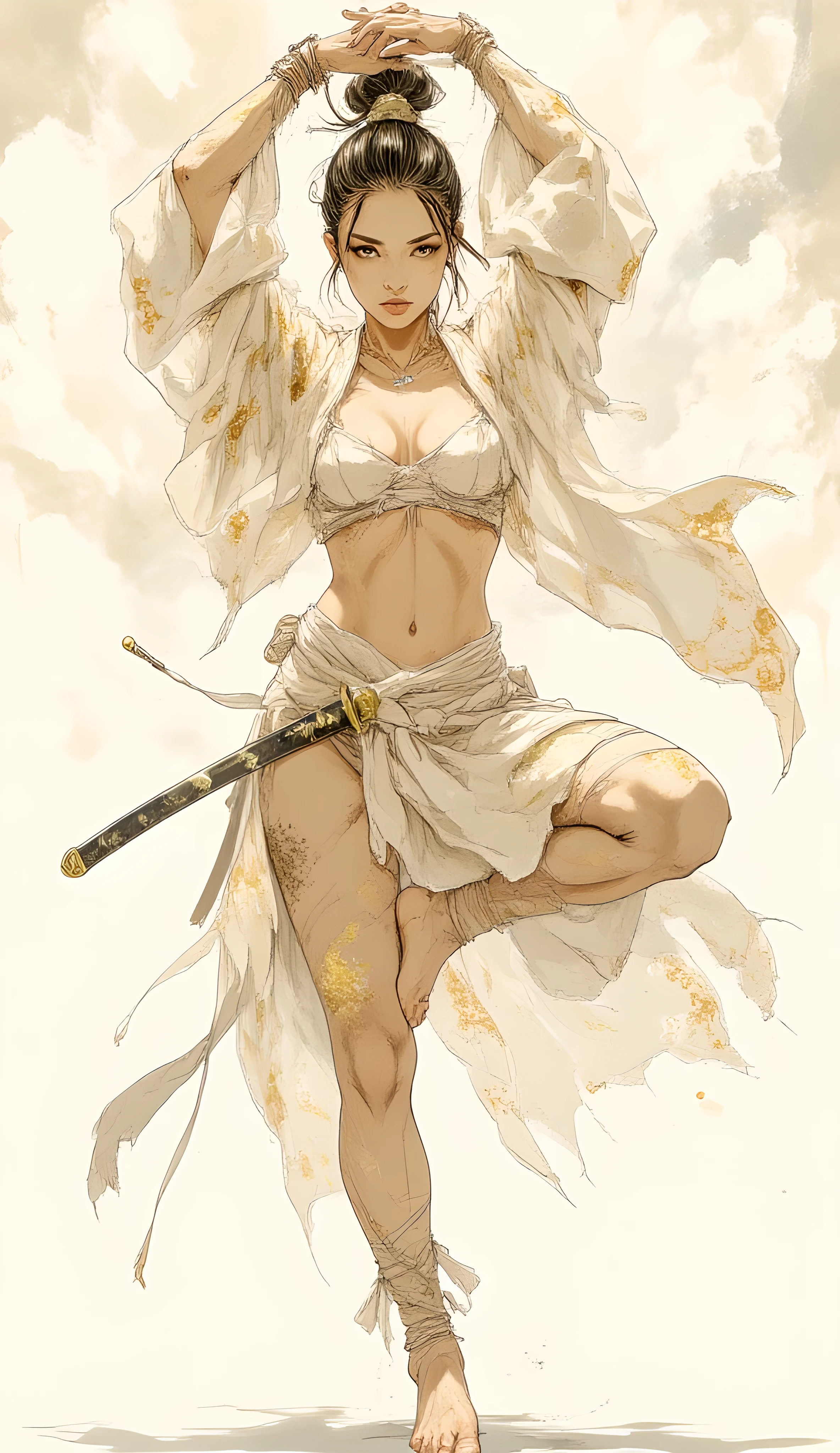 Comic art. Score_9, score_8_up, score_7_up, ((highest quality)), ((masterpiece)), ((full face)), Perfect Face, (High definition), (Best Shadow), 8k, cinematic, (Realistic:1.4),dramatic. A beautiful, alluring, and breathtaking woman, with a slender yet athletic physique. Her hair is styled in a sophisticated updo, accentuating her graceful neck and shoulders. She holds a gleaming katana with exquisite control, using it as a prop for balance in dynamic yoga poses, conveying both strength and serenity. Her expression is focused and serene, embodying a blend of discipline and allure.
She is dressed in a very wide and short, seductive kimono, made of luxurious seethrough silk fabric that drapes elegantly. The kimono is off-white or light cream in color, with subtle, delicate floral patterns in gold or silver thread that catch the light. The sleeves are voluminous and flowing, and the hem is daringly short, revealing her long, toned legs. The overall impression is one of sensual elegance and traditional inspiration.
A pristine, clean white background, softly illuminated to create a sense of ethereal calm. Subtly integrated into the background are faint, almost translucent Chinese brushstroke characters, appearing as if painted with diluted ink. These characters are artistic and abstract, adding a touch of cultural depth without distracting from the main subject. The lighting is soft and diffused, creating gentle shadows that add depth without harshness.
Photorealistic, high-resolution, editorial fashion photography style, with a fine art aesthetic. The lighting should be dramatic yet soft, highlighting the woman's form and the textures of her clothing and the katana. Emphasize sharp focus on the subject with a slight, pleasing bokeh in the background. Inspired by the elegance of traditional Asian art blended with modern sensuality.
Extremely high detail, ultra-realistic, cinematic quality, professional studio shot, intricate details, sharp focus, light pastel colors