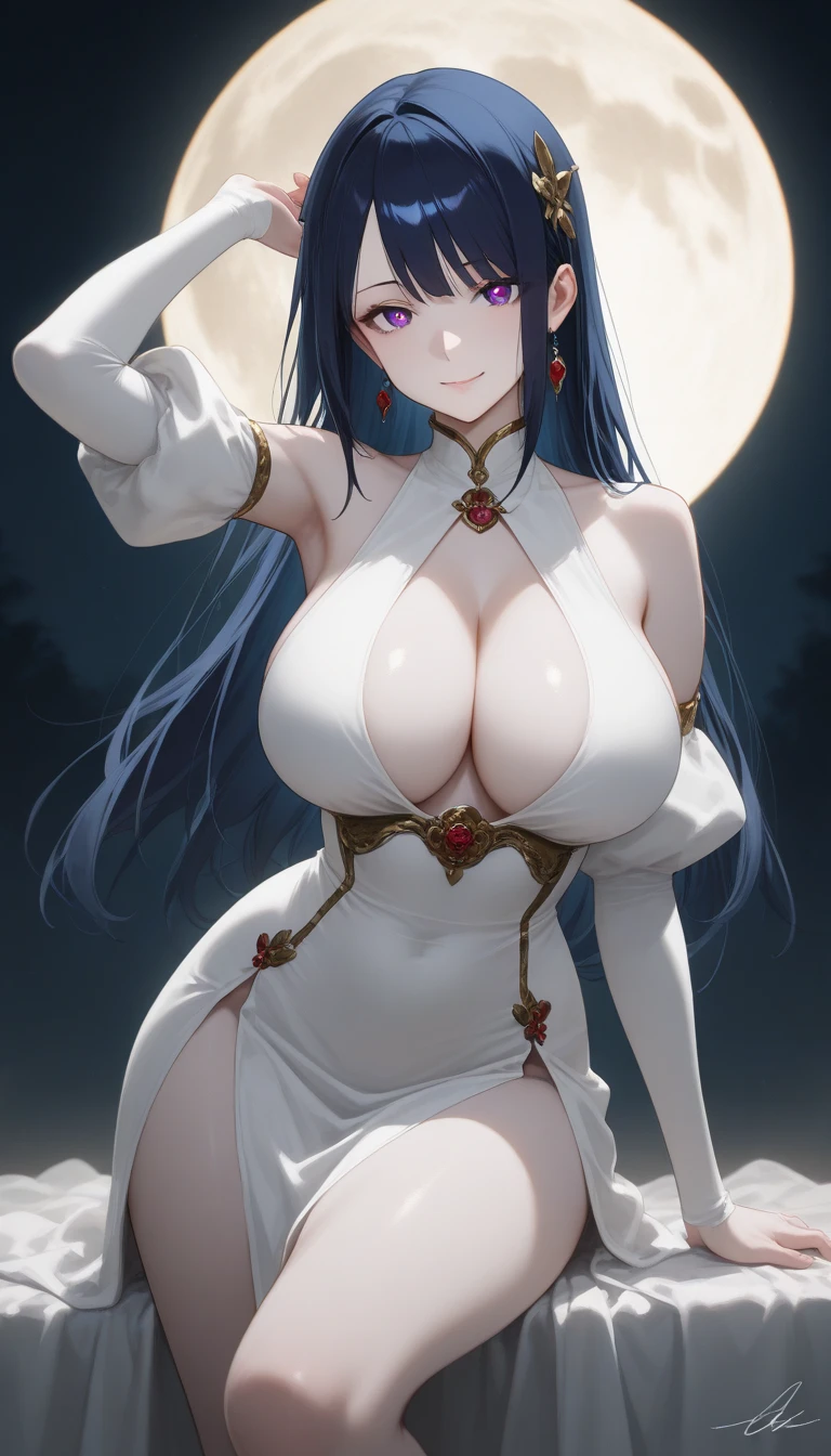 masterpiece, ultra sharp details,best quality, , (:1.3), purple eyes, black hair, Chinese clothes, purple hair, (:1.4), long hair, cleavage, thighs , white Honkai , bangs, wide sleeves, Honkai outfits, moon, weapon, braid,mature female,thick thighs,
Slander figure,smile, (big  showing),( no panties), (ultra sharp face details )(8k)