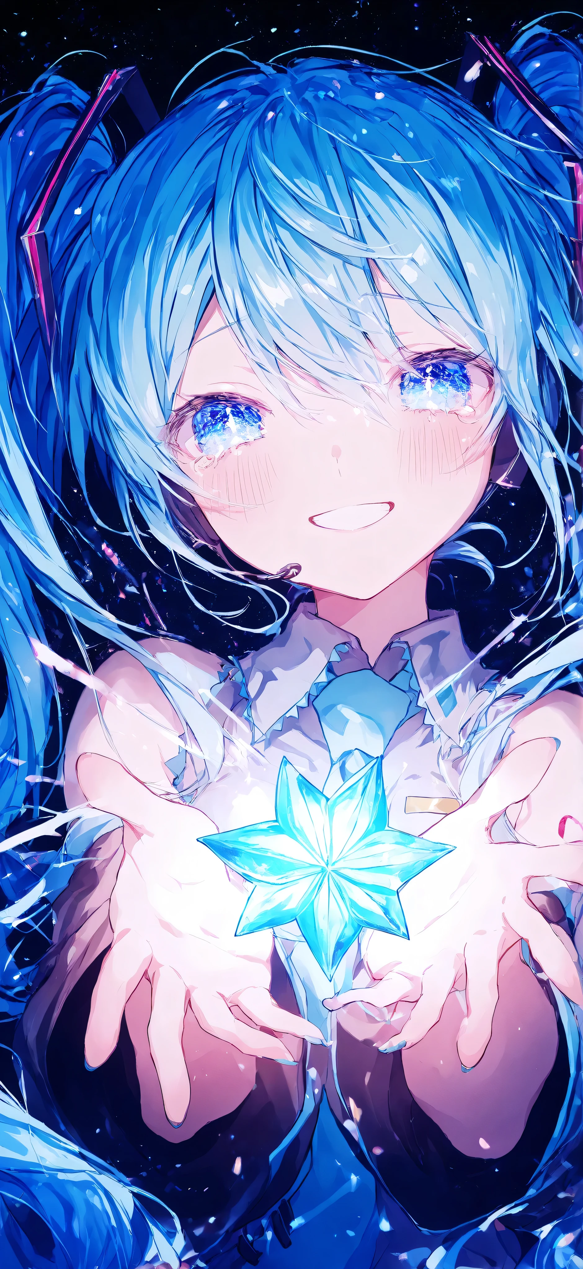 1girl, Hatsune Miku, twin tails, (blue hair:1.2),twin tailsが上に舞い上がっている、shaking、 starry sky,Light blue glowing particles, (shines:1.3), I'm holding it out, Smile Yan,頬を伝うtears、tears、 top quality, masterpiece, details, vivid color、Overall a gentle feeling 、Feels like it's fluffy
