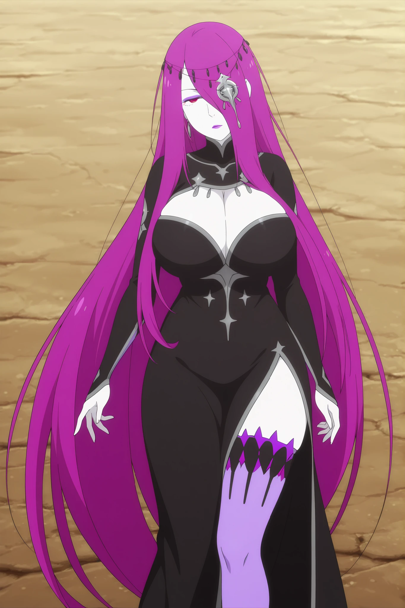 sekhmet, 1girl, mature female, pale skin, long hair, purple hair, hair over one eye, red eyes, makeup, big breasts, hair ornament, black dress, clothing cutout, thighhighs,