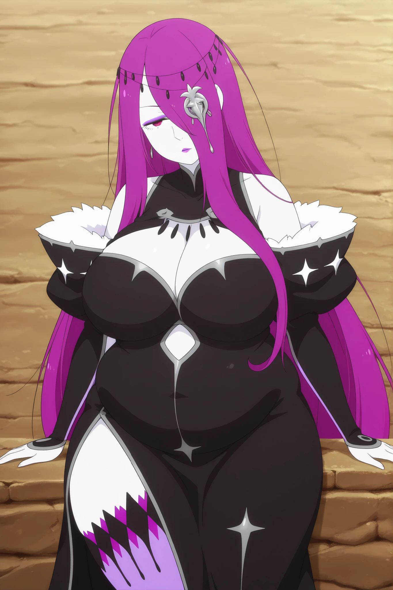 sekhmet, 1girl, mature female, pale skin, long hair, purple hair, hair over one eye, red eyes, makeup, big breasts, hair ornament, black dress, clothing cutout, thighhighs,, chubby big belly