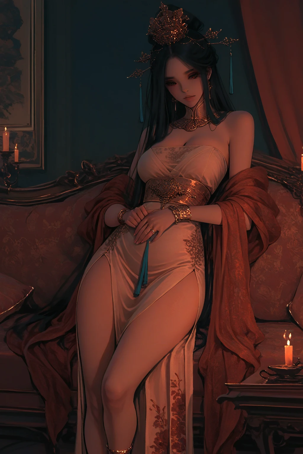(best quality,highres:1.2),ultra-detailed,realistic,portrait,high fantasy,sexy busty Malaysian woman(age 40),jewel hijab,bikini,tames a devil,arcane chamber,well-lit room,vibrant colors,exquisite details,seductively poses,confident expression,mesmerizing eyes,long wavy hair,fine jewelry,ornate tattoos,chiseled features,soft skin,golden light,elaborate spell casting,richly decorated surroundings,enchanted atmosphere,mythical creatures in the background,elaborate tapestries,handsome yet sinister devil,subdued black and red color scheme,gentle candlelight,Northern European architecture,ethereal shimmer,curved horns,dark wings,burnished scales,dangerous yet alluring presence
