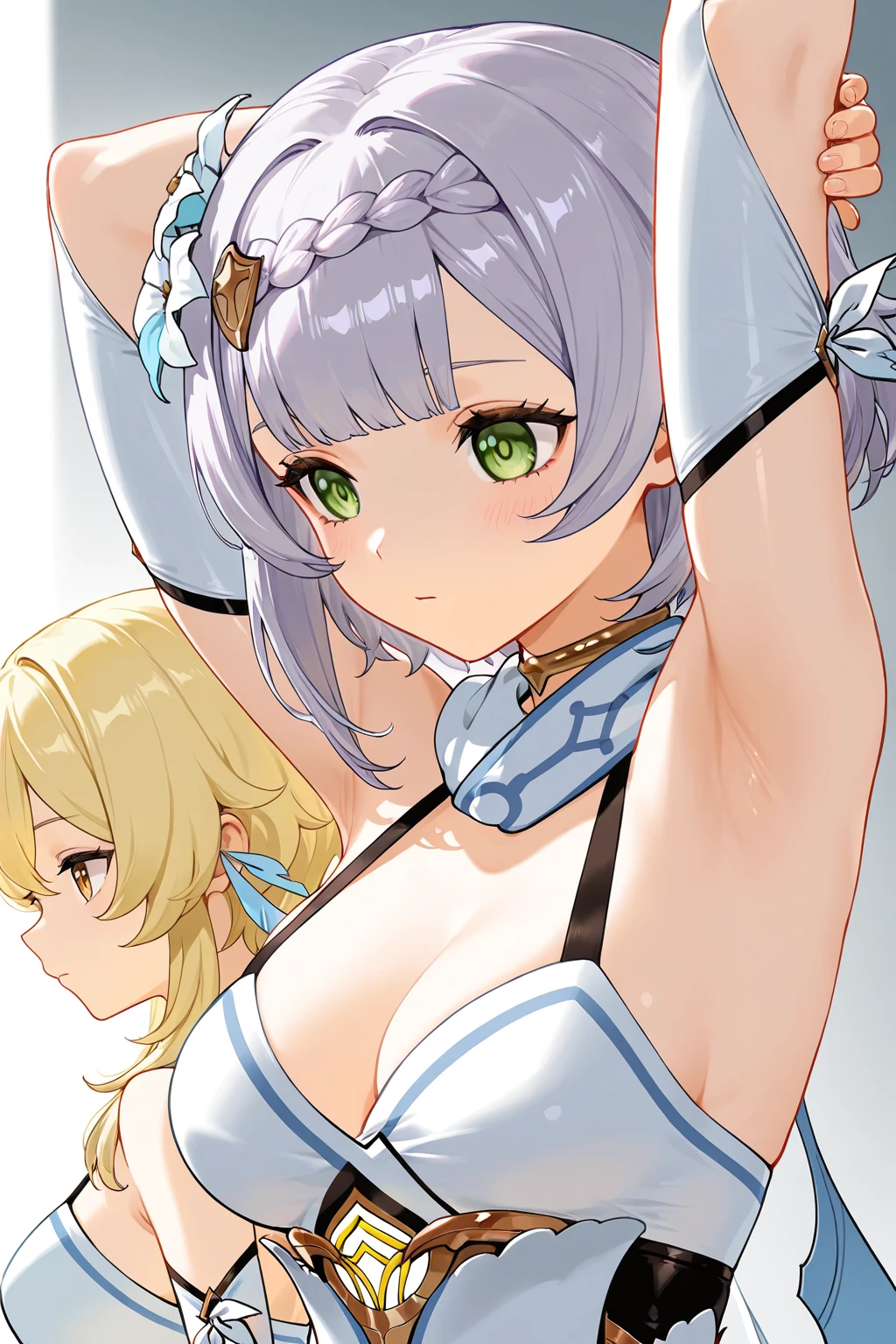 (masterpiece, best quality), best quality, best resolution, (ultra-detailed), (3heads:1.5), 1girl, (monobe no futo:1.3), masterpiece, best quality, ultra quality, ultra resolution, ultra detail, white top, crop top, ((stomach)), midriff, ((groin)), white-purple skirt, normal ears, , grey hair, very long hair, wavy hair, sidelocks, grey eyes, ((detailed eyes)), parted lips, open belly, sweat, cute, toned belly, hand on own chest, eyelashes, (24 year old woman:1.3), (masterpiece:1.5), (best quality:1.5), (beautiful detailed extremely detailed CG, extremely delicate and beautiful, depth of field, (finely detailed face), (perfect details:1.2), (mature female:1.3), wide pelvis, slender, large veiny breast, 16k resolution, highres, high quality, high definition, extremely detailed, masterpiece, best quality, grey hair, long hair, alluring presence, braid, short skirt, close up, very big tits, huge tits, young, japanese clothes, kariginu, ponytail,
