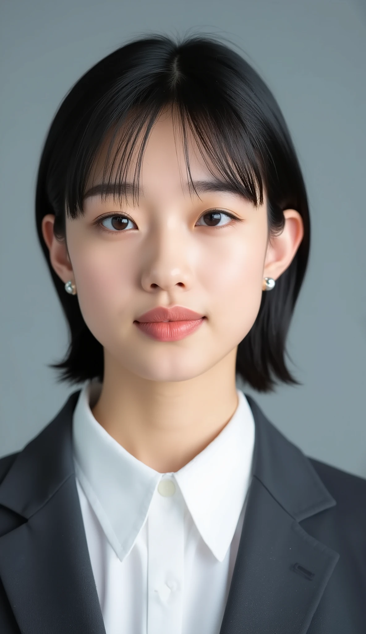 Passport photo of a neat young woman、facing directly、camera list、office lady suit、jacket、shirt、、、ear piercings、前髪あり、、、無表情、、、has closed its mouth、face close-up、grey background
