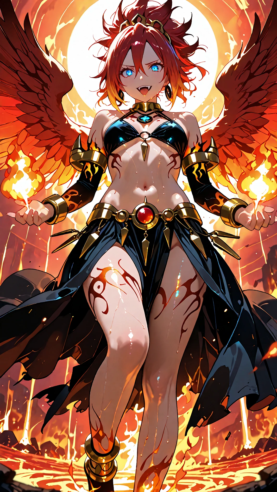 masterpiece, best quality, depth of field, cinematic lighting, perfect , scenery, Red Phoenix humanoid, beautiful female, muscular, flames on body, huge wings, curly hair, flames, fire,  milf, holding a flaming spear