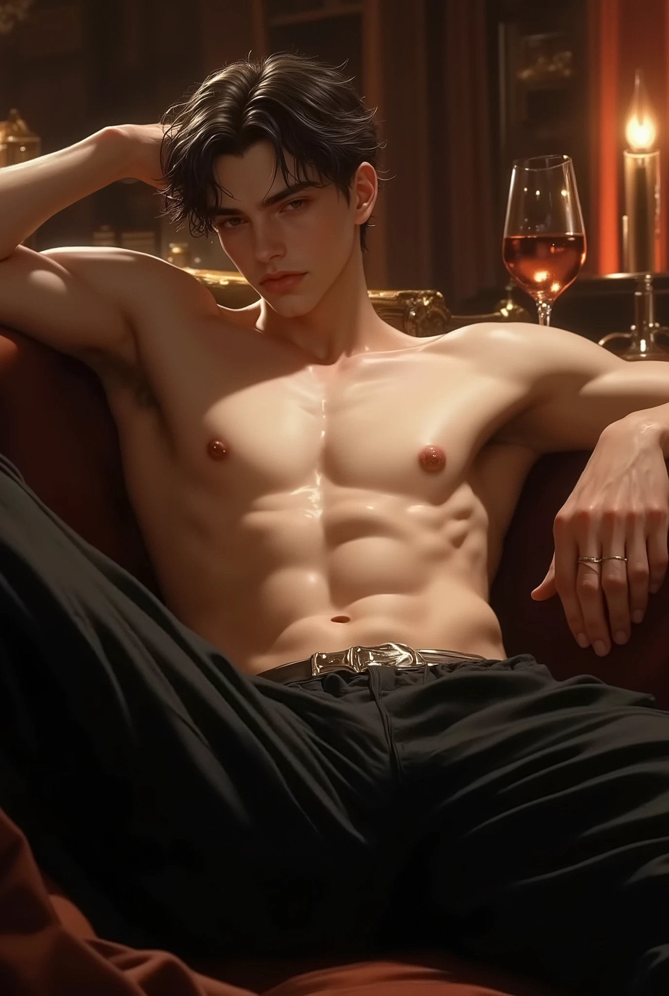 (absurdres, highres, ultra detailed, HDR), masterpiece, best quality, portrait of a boy, handsome boy with red eyes, detailed face,  in a hotel,  body, handsome hotelier, professional photo, arafed man  torso, sitting comfortably while legs spread, (puffy(from below:1.1)), eyes on viewer,young boy 18 years old, handsome boy, detailed background, masterpiece art