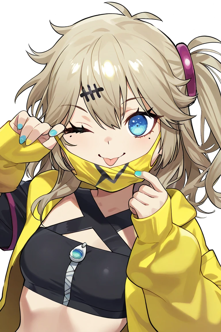 (((One girl))), blond hair, bob cut, (upper body), (looking at viewer), breasts, teenager, head tilt:1.3, (((blue eye))), (from side), selfie, hand in pocket, ((happy smile)), black hoodie, black shorts:1.3, anime style, (best quality, 4k, 8k, highres, masterpiece:1.2, ultra-detailed, ultra-detailed eyes, HDR, UHD, studio lighting, ultra-fine painting, sharp focus, physically-based rendering, extreme detail description, professional, vivid colors, bokeh)