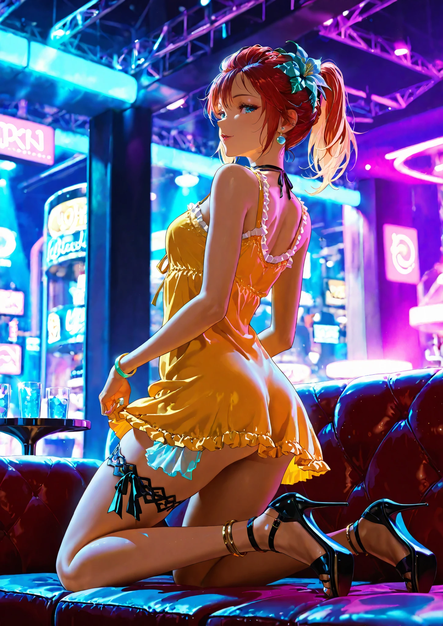 1girl, solo, Priscilla, final fantasy rebirth, short dress, kneeling on the couch, nightclub, vip lounge, short dress, bracelets, leg jewelry, high heels, looking back, seductive, sexy pose, alluring atmosphere, cinematic lighting, BREAK, masterpiece, superb quality,warm color,high resolution,high fashion,absurdres extremely,vivid colors,intricate details,best quality,amazing quality,very aesthetic,newest,ultra-detailed,nsfw,