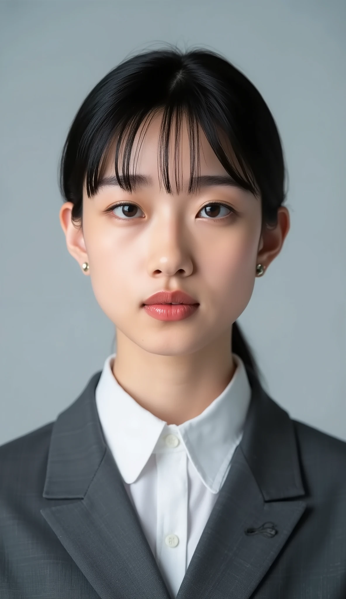 Passport photo of a neat young woman、facing directly、camera list、office lady suit、jacket、shirt、、、ear piercings、前髪あり、、、無表情、、、has closed its mouth、face close-up、grey background
