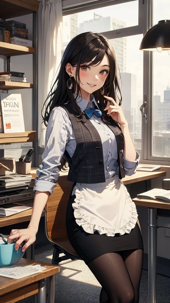 1 girl, Solo, 35 years old, Best Quality, Ultra-detailed, 8K, High resolution, Detailed face, from below, black hair, (((half up))), light smile, happy, (((office leady, office uniform, vest, bowtie, pencil skirt, ID card))), in the office, holding a bundle of papers,