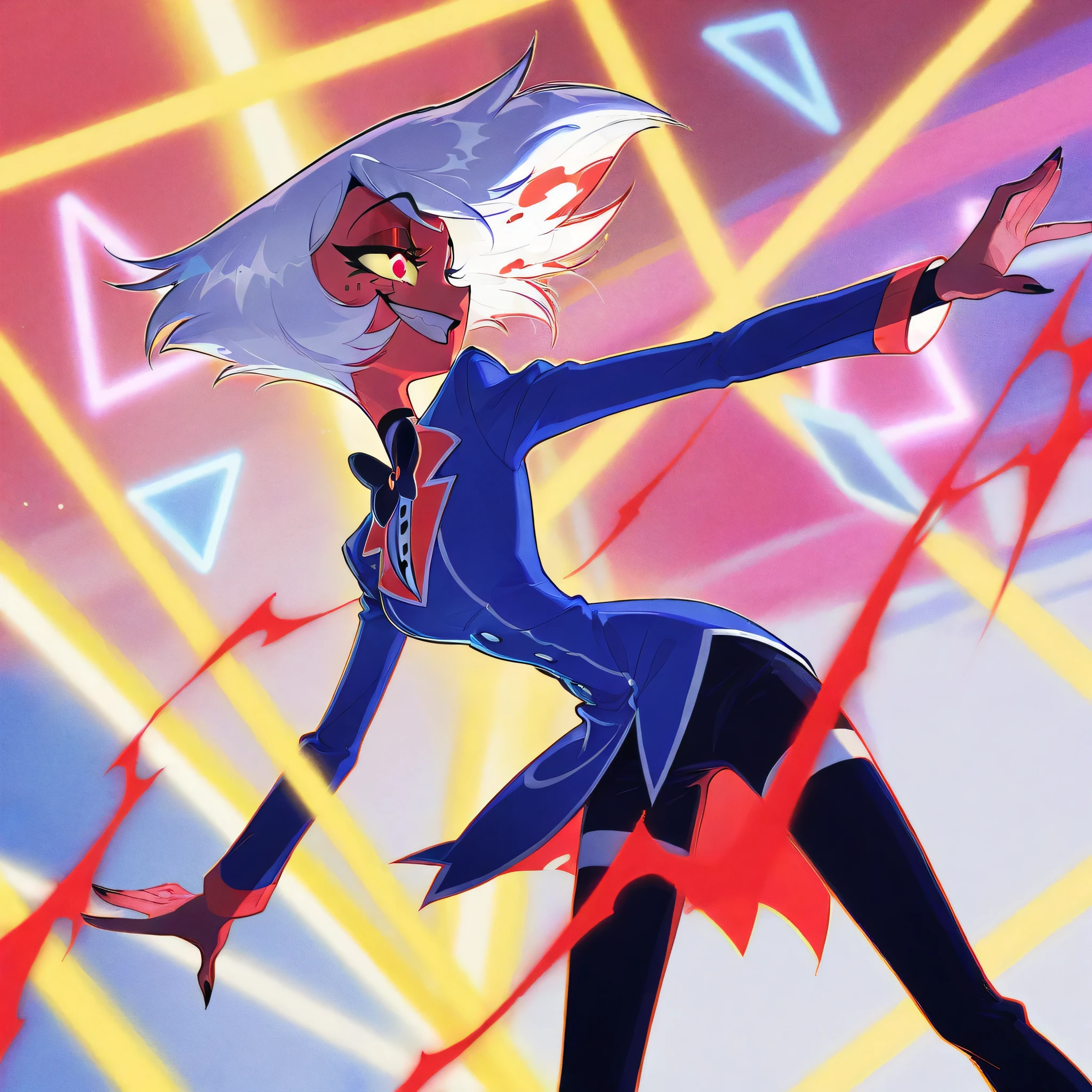 An abstract composition in the Bauhaus style, with simple geometric shapes such as circles, squares, and triangles in primary colors (red, blue, yellow), neutral tones (black, white, gray), and a light background. Profile photo of a face, 1 girl, alone, Hazbin Hotel, red colors, miniature style, neon lights, striking pose, designer clothes, elaborate jewelry, mischievous smile, winking, long white hair with vibrant highlights, expressive eyes, punk rock aesthetic, dynamic composition, fun and confident aura, 4k, ultra-detailed, flawless. Minimalist and balanced design, straight lines and smooth curves, symmetrical layout and strong visual contrast. Elements inspired by European modernism of the 1920s, with clean typography and functionalist aesthetics.