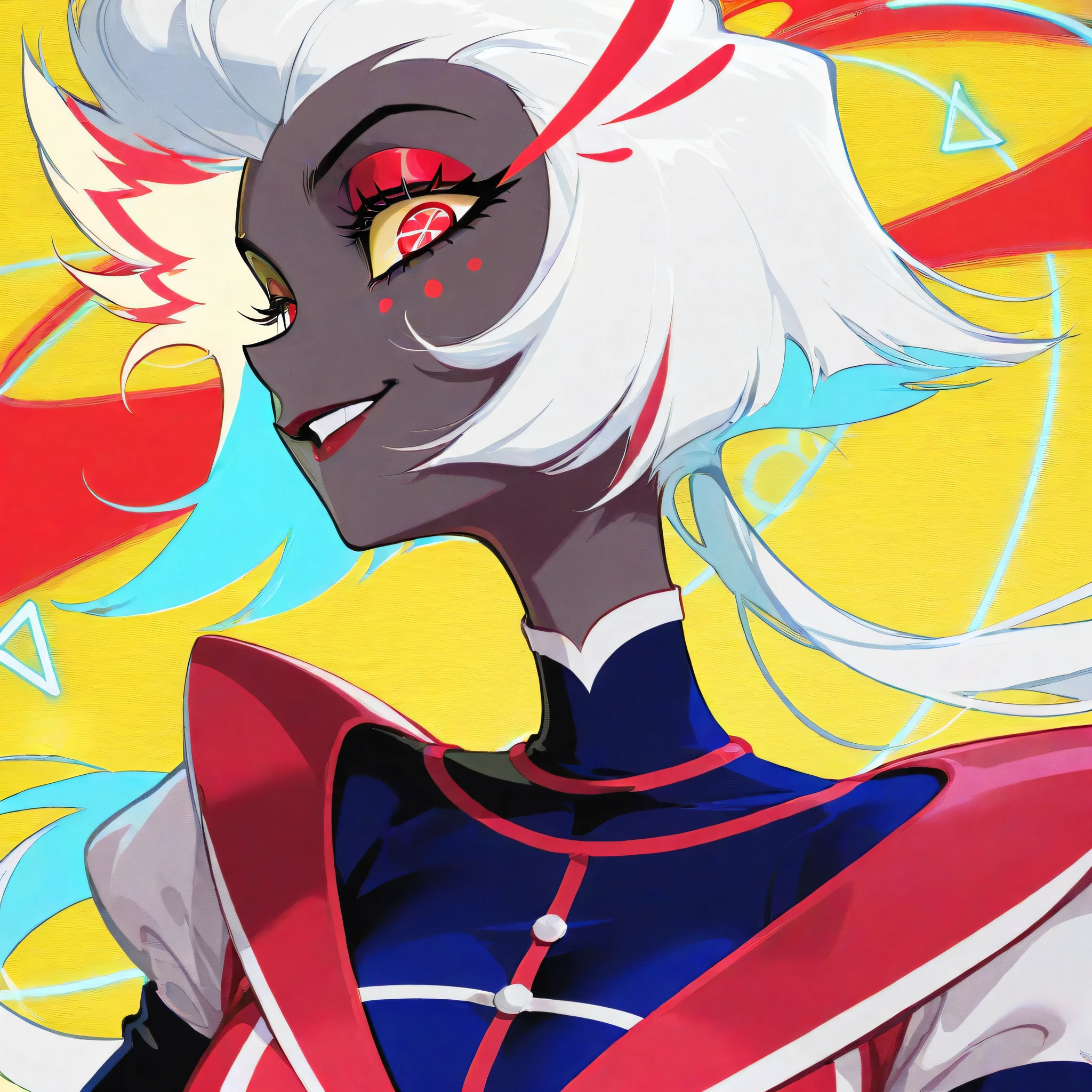 An abstract composition in the Bauhaus style, with simple geometric shapes such as circles, squares, and triangles in primary colors (red, blue, yellow), neutral tones (black, white, gray), and a light background. Profile photo of a face, 1 girl, alone, Hazbin Hotel, red colors, miniature style, neon lights, striking pose, designer clothes, elaborate jewelry, mischievous smile, winking, long white hair with vibrant highlights, expressive eyes, punk rock aesthetic, dynamic composition, fun and confident aura, 4k, ultra-detailed, flawless. Minimalist and balanced design, straight lines and smooth curves, symmetrical layout and strong visual contrast. Elements inspired by European modernism of the 1920s, with clean typography and functionalist aesthetics.