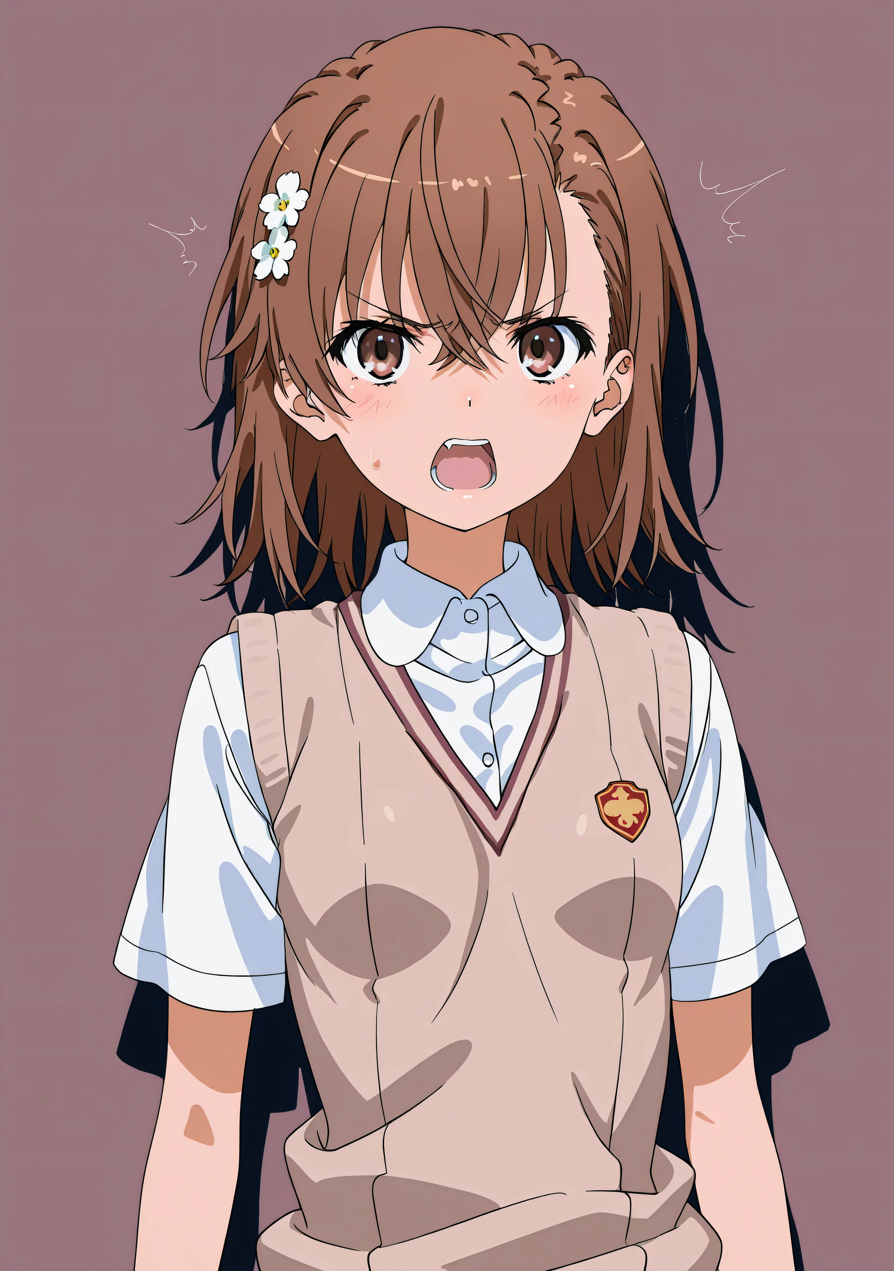 (((misaka miloto)))、hair flower、small 、1 girl、from front、white shirt、short sleeves、sweater vest、tokiwadai school uniform、open mouth、angry、glare、indoor、brown wall、simple background、arms at sides、upper body