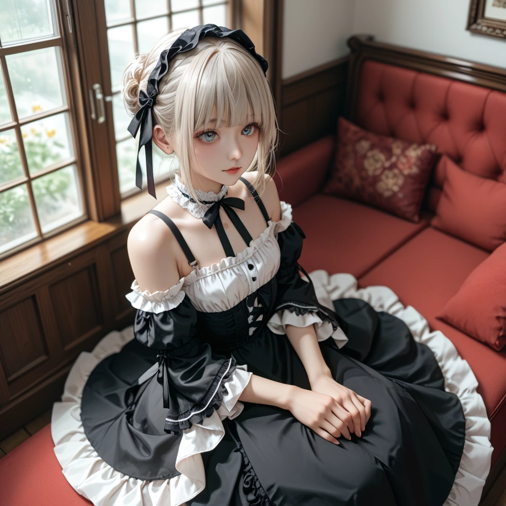 (Tabletop, Highest quality:1.2), 8K, 85mm, Official Art, RAW Photos, Absurd, Platinum Blonde Hair, (blue eyes, Lolita Fashion, Sweet Lolita, Gothic, dress:1.2), Idol's face, Upper Body, beautiful girl, Gardeniass, Copenhagen, Short sleeve, grace, Sophisticated, Gardenia, View your viewers, Film Grain, chromatic aberration, Sharp focus, Face Light, Dynamic Lighting, Cinema Lighting, Detailed face, Bokeh Background