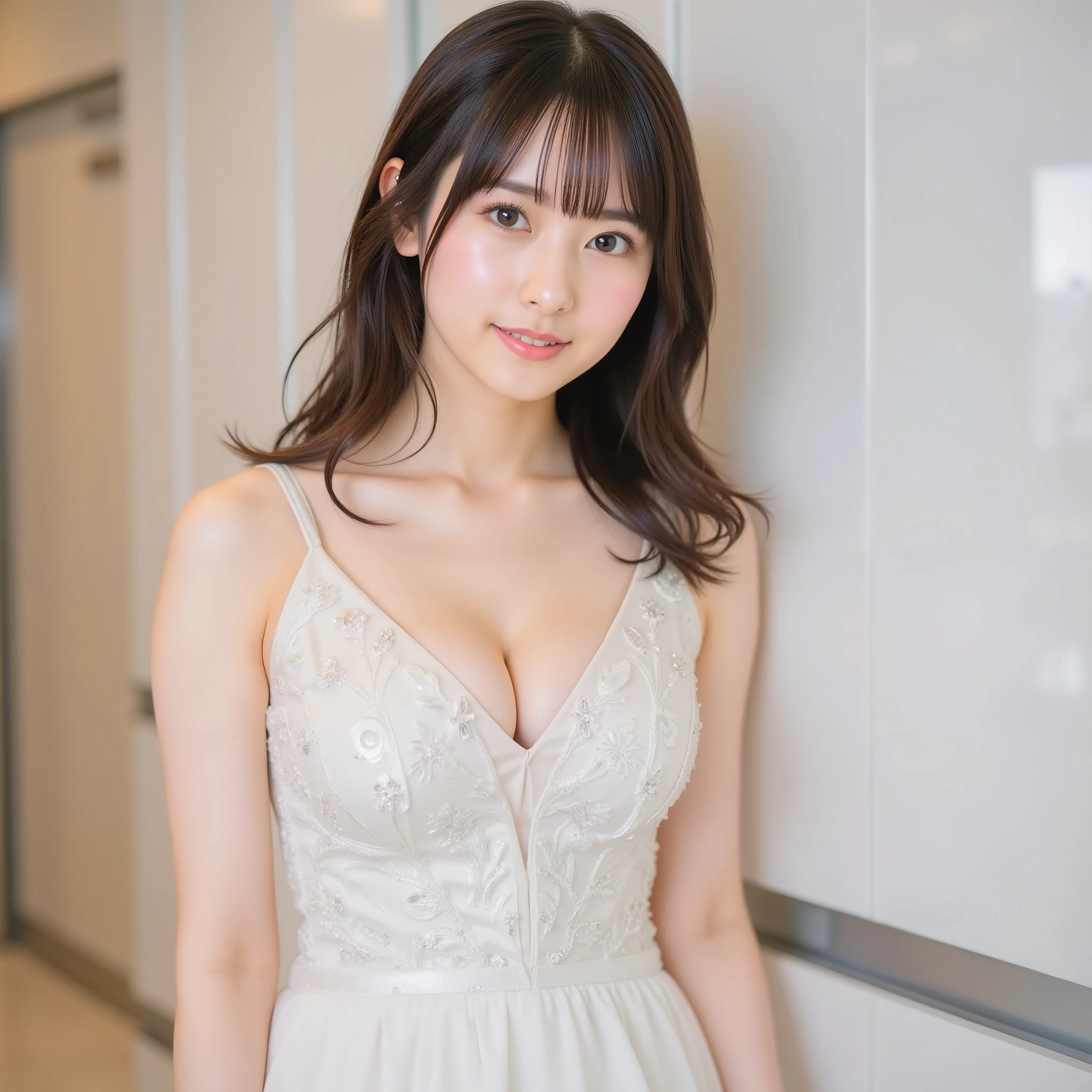 popular Japanese idol、The moment I passed the model、a figure that jumps up with joy、Full Body Shots、natural expression、radiant smile、stylish clothes、bright studio environment、PROFESSIONAL LIGHTING、clear background、vivid details、Vivid Expressions、a picture that conveys emotion、Realistic Textures、high quality photography technology、a photo that captures a moment of joy in youth、16K resolution、a full-body shot from the tip of the head to the calves、slim slender body、f-cup chest、