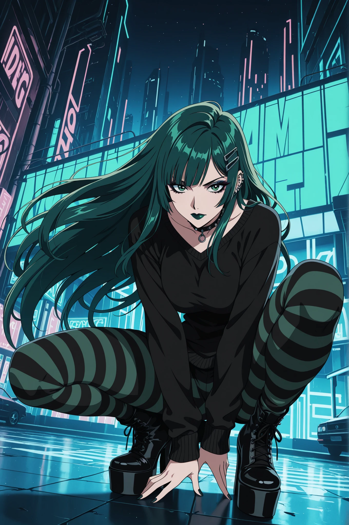 masterpiece, best quality, add detail, sharp focus, high contrast, deep focus, crouching, dynamic composition, dynamic angle, retro, anime, flat color, vector art, 
BREAK
1girl, adult woman, emo wearing a multi-toned oversized sweater with gothic accents, striped leggings with grunge aesthetic, platform mary-jane shoes, dark green lipstick, smoky eyeshadow, heavy eyeliner, emo hair clips,labret piercings, dynamic pose, very long hair, bioluminecent black and green hair, green eyes, eyeshadow, makeup, neon wall background, club light effects,