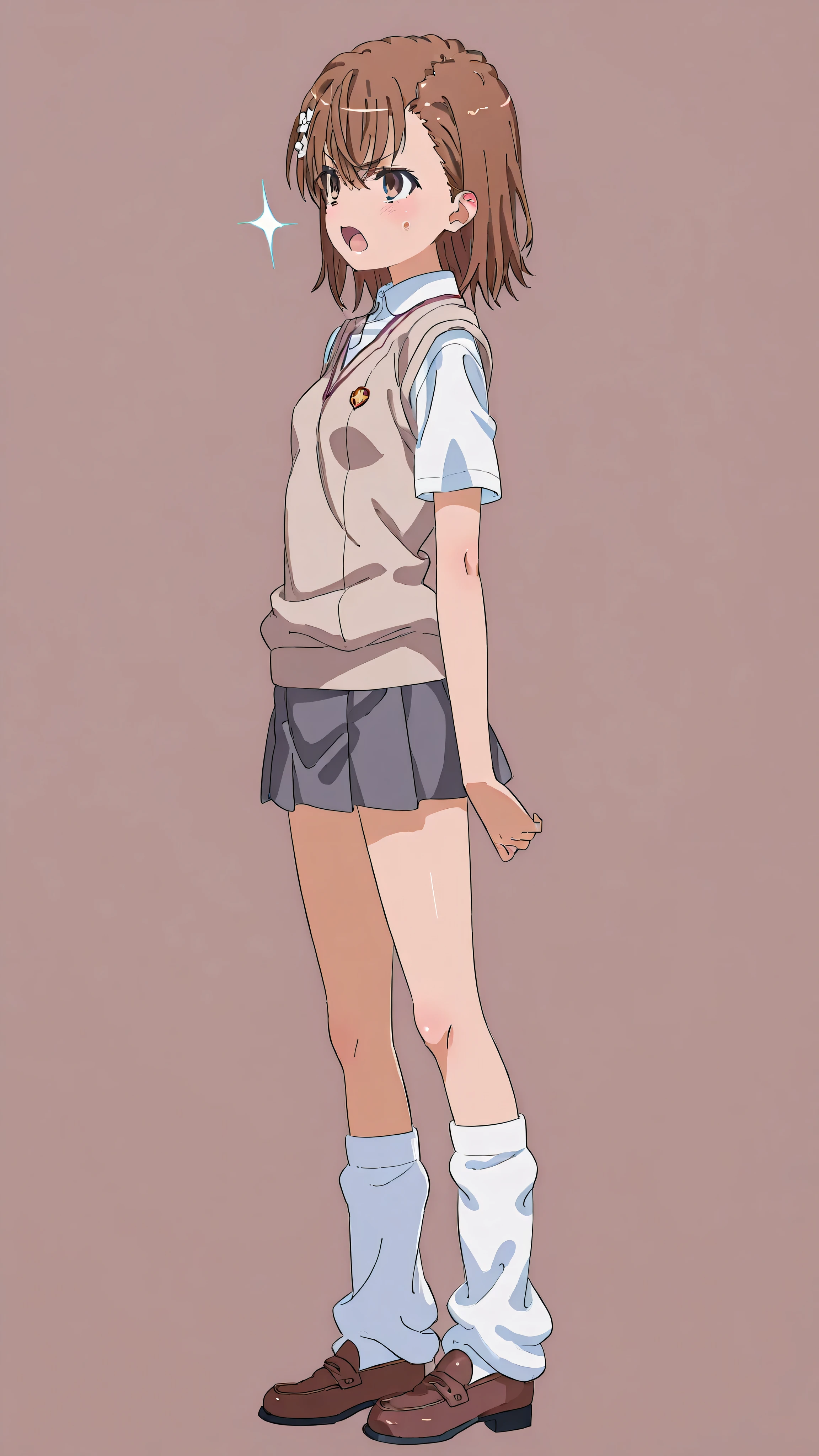 (((misaka miloto)))、hair flower、small 、1 girl、from side、white shirt、short sleeves、sweater vest、tokiwadai school uniform、grey skirt、mini skirt、loose socks、brown loafer、open mouth、angry、glare、indoor、brown wall、simple background、arms at sides、full body shot