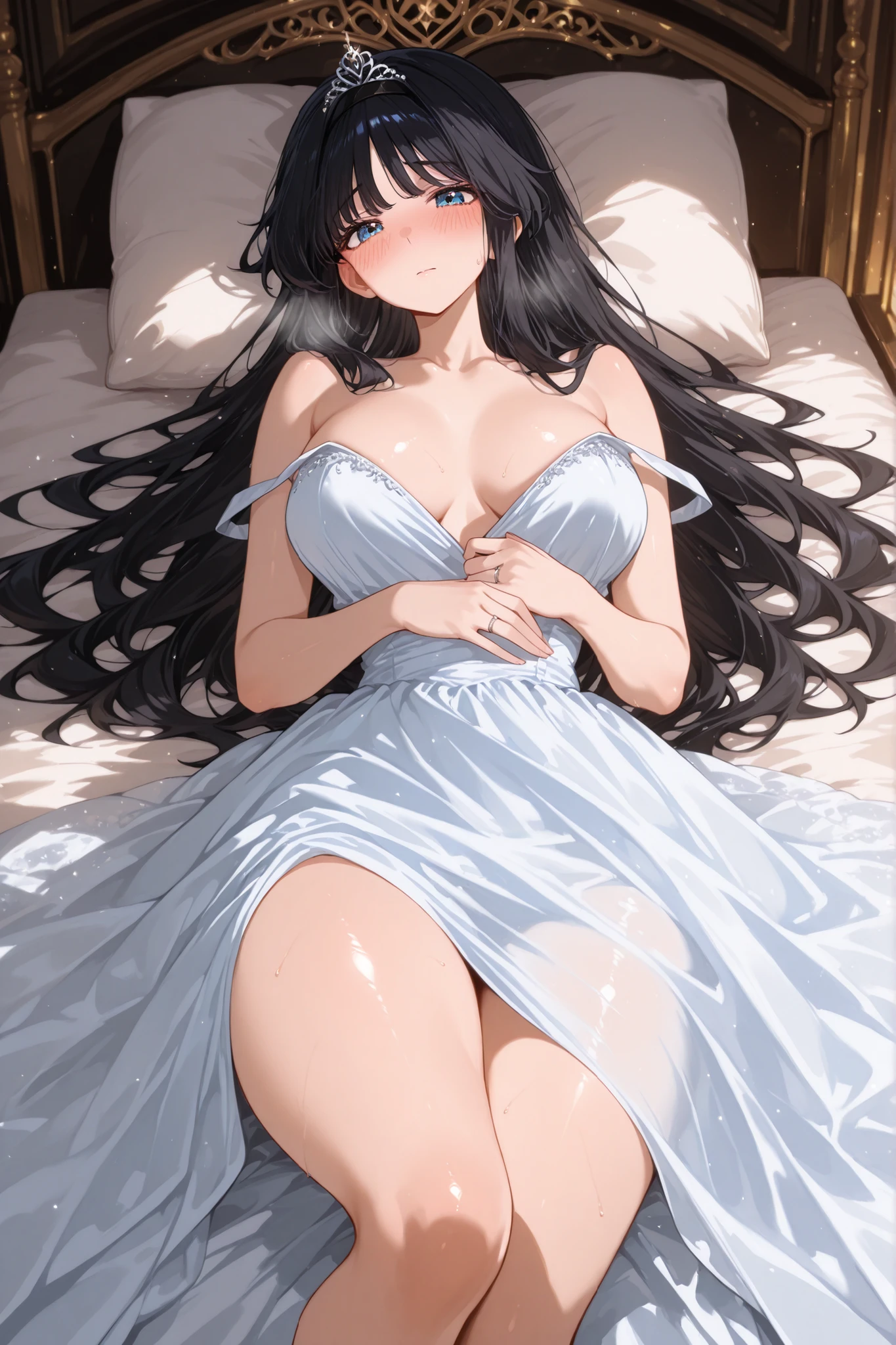 Kaoruko Waguri, black hair, long hair, blue eyes,black hairband,1girl,wedding long dress, HLWD,mall tiara,blush,wedding ring, steam visible, covered with a blanket, opening up dress, smooth thighs, lying